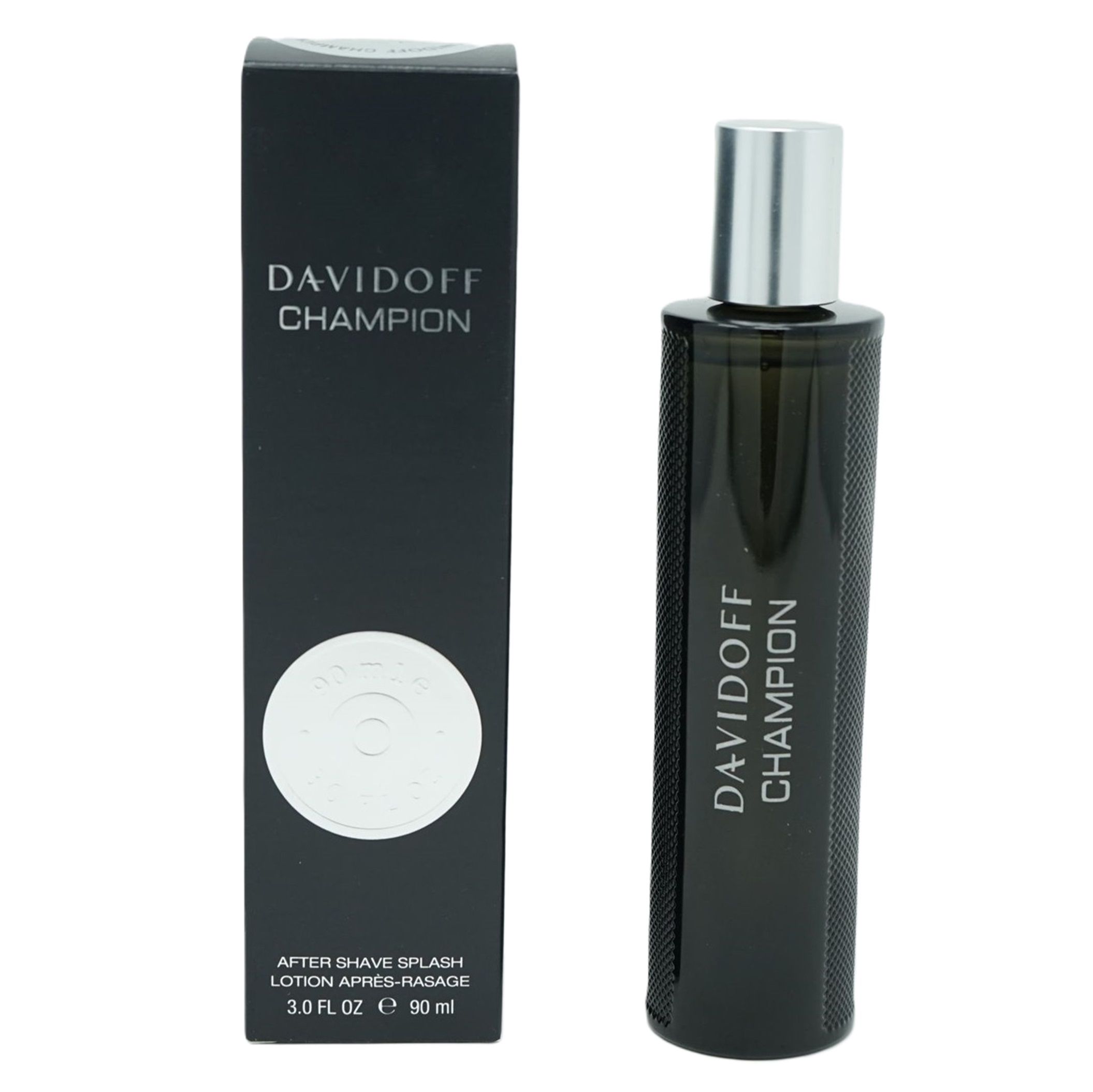 Schwarze Flasche und Verpackung mit weißem Text. Aufschrift: Davidoff Champion After Shave Splash. Silberner Verschluss.