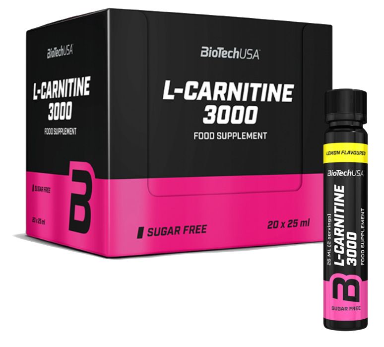 Schwarze Box mit pinkfarbenem Detail. Aufschrift: BioTechUSA L-Carnitine 3000, Nahrungsergänzungsmittel. Einzelne Flasche daneben.