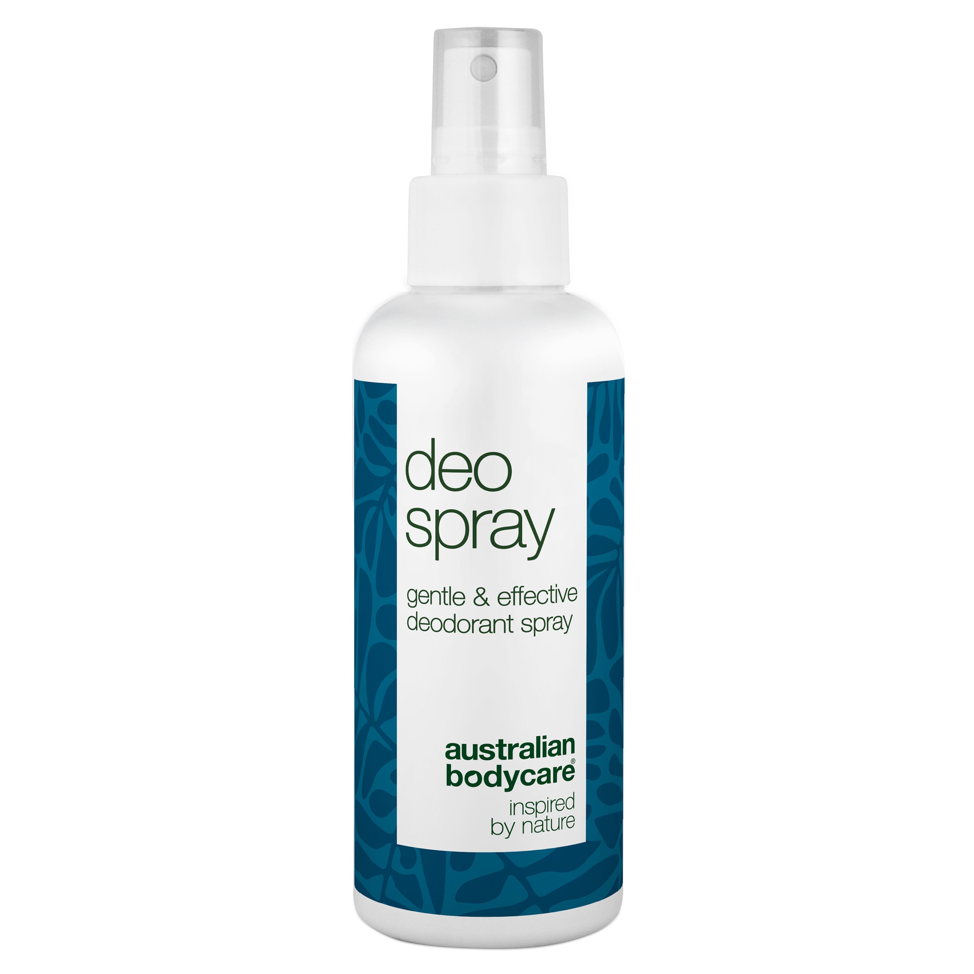 Deospray-Flasche, weiß mit blauem Etikett. Text: Deo Spray, gentle & effective deodorant spray, Australian Bodycare.