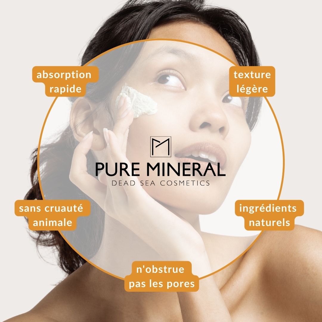 Femme avec texte et icônes. Texte : absorption rapide, texture légère, ingrédients naturels. Sans cruauté.