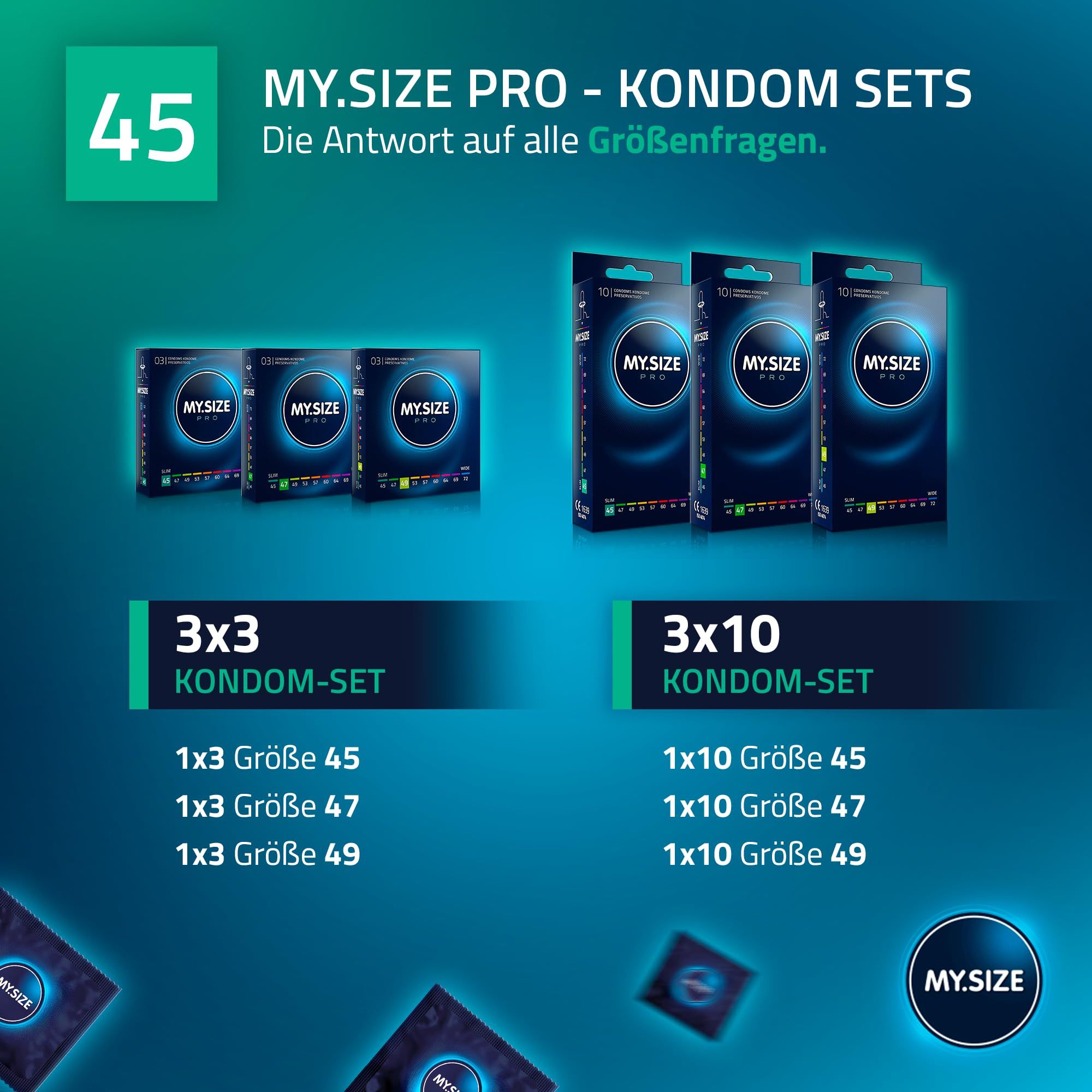 MY.SIZE Kondom-Sets: 3x3 und 3x10 Packungen in Größen 45, 47, 49.