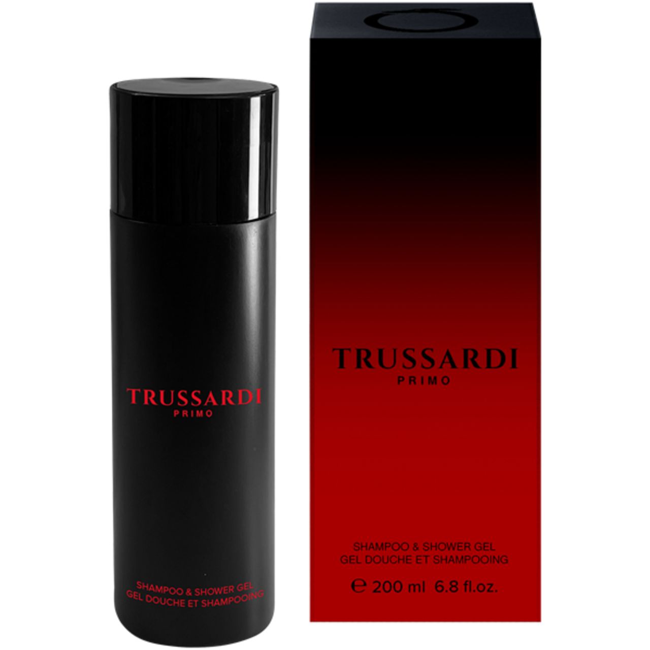 Schwarze Flasche und Verpackung mit roter Schrift. "Trussardi Primo" und "Shampoo & Shower Gel" sind sichtbar.