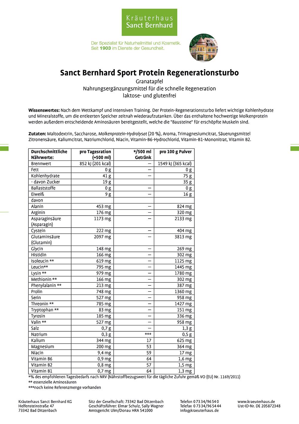 Sanct Bernhard Sport Protein Regenerationsturbo 750 g Pulver