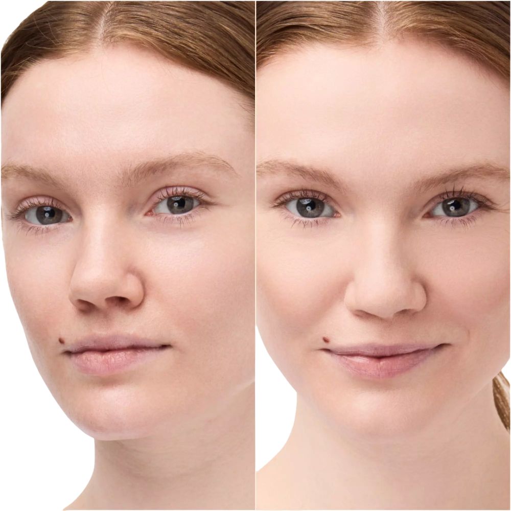 Zwei Gesichter, links ungeschminkt, rechts geschminkt. Beide Frauen haben helle Haut und braune Haare.