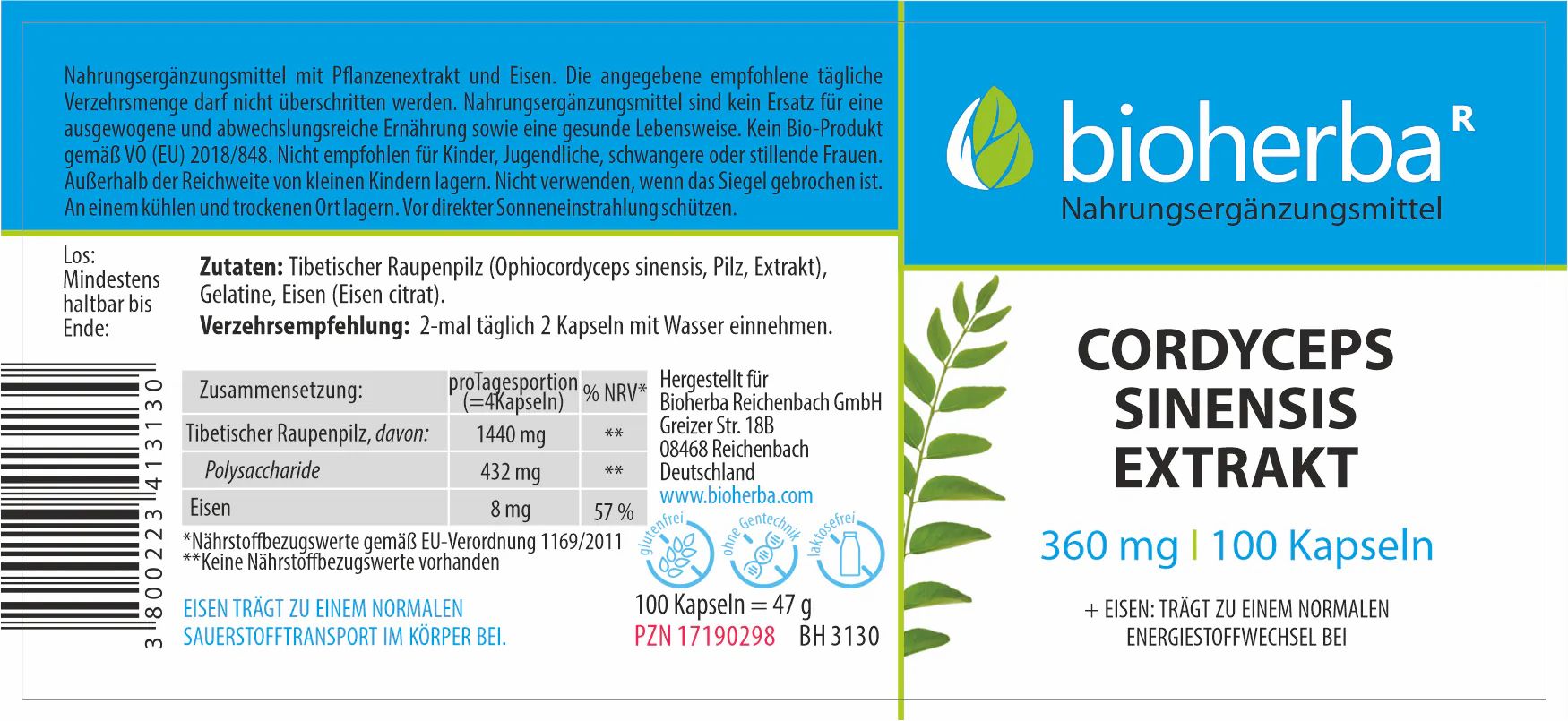 Etikett mit "bioherba" und "Cordyceps Sinensis Extrakt". Enthält Informationen zu Inhaltsstoffen und Dosierung.