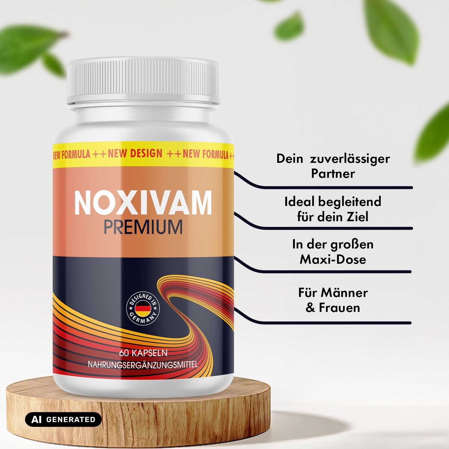 Älteres Paar im Freien. Flasche Noxivam Premium Kapseln daneben. "Jetzt durchstarten".