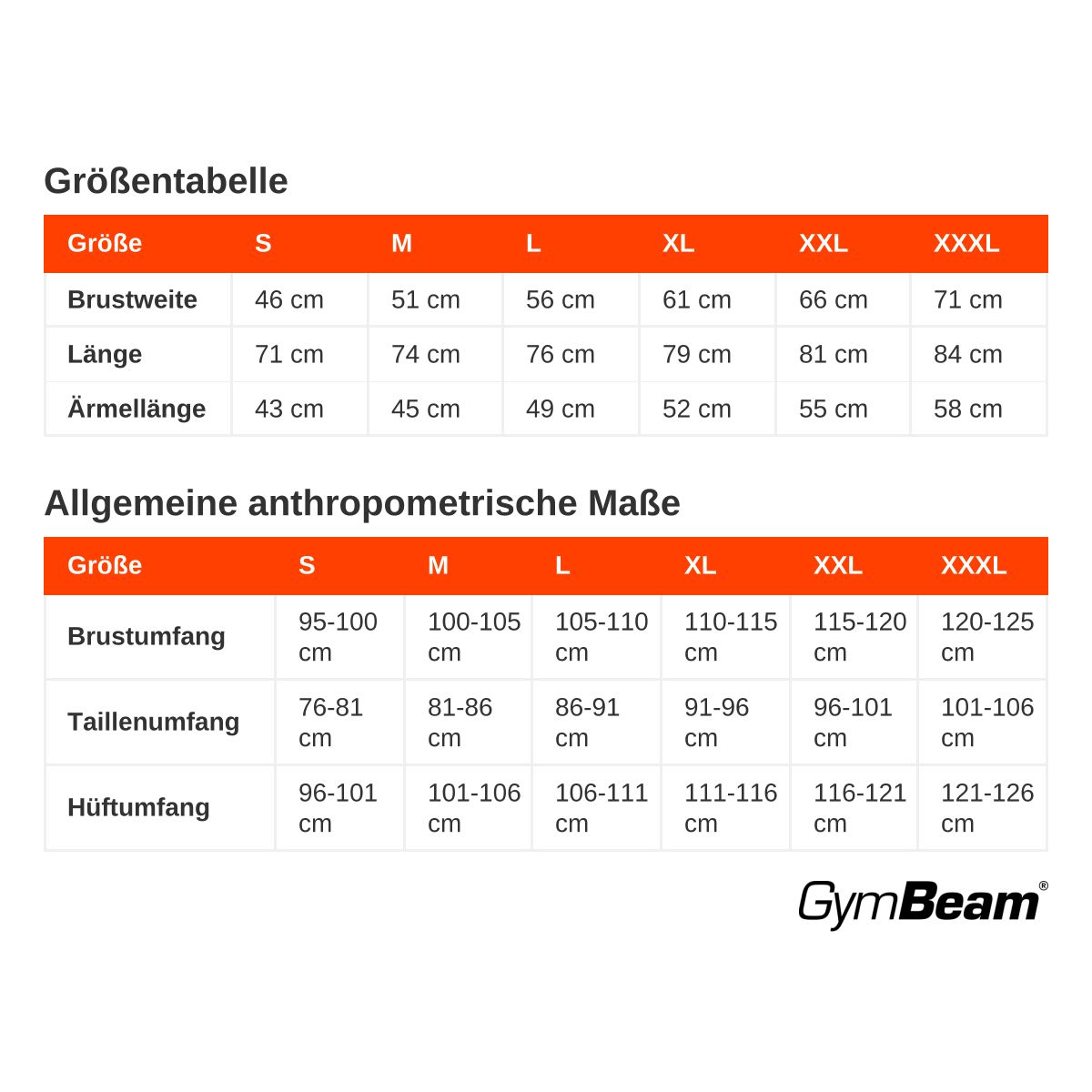 Größentabelle für Herrenbekleidung: Brustweite, Länge, Ärmellänge in cm.