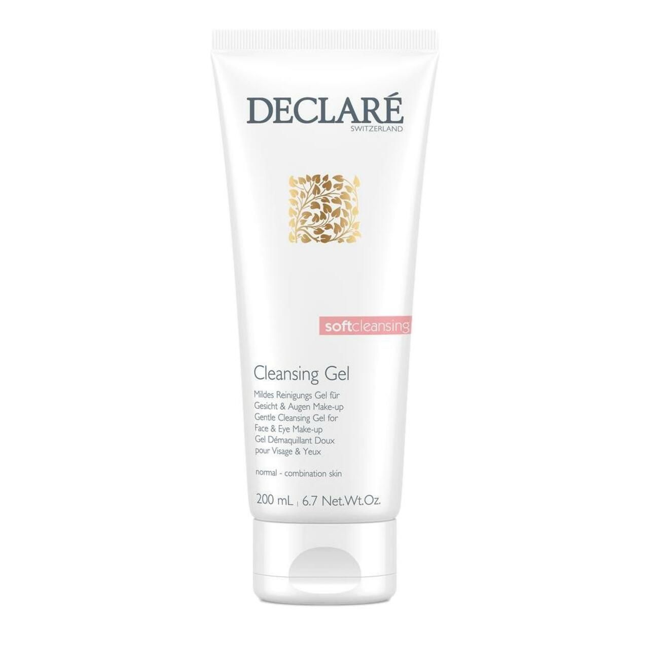 Weiße Tube DECLARÉ Cleansing Gel. Text: Soft Cleansing, Cleansing Gel. Mit Zertifizierung.