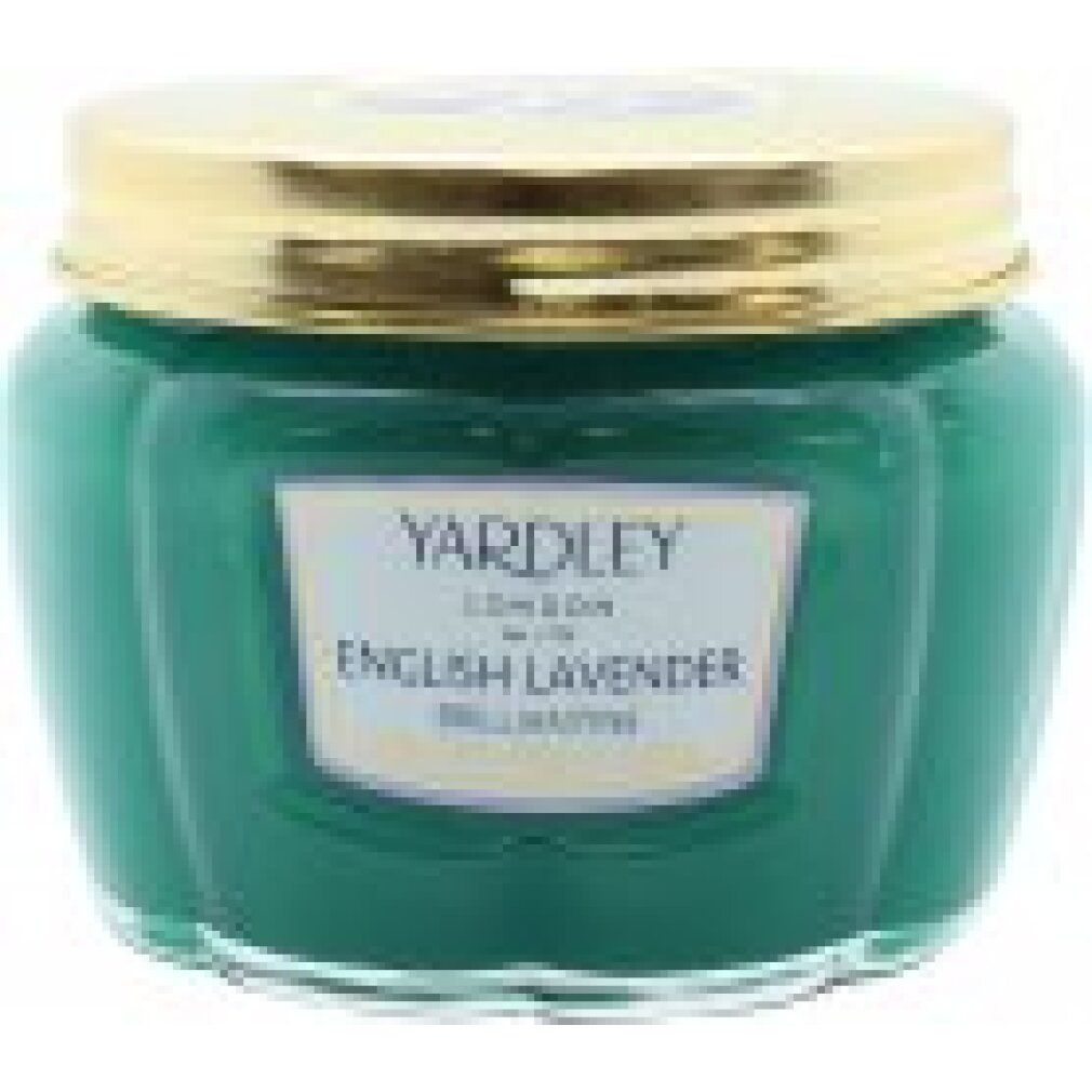 Grüne Kerze mit goldenem Deckel. Etikett mit "Yardley London English Lavender Brilliantine".