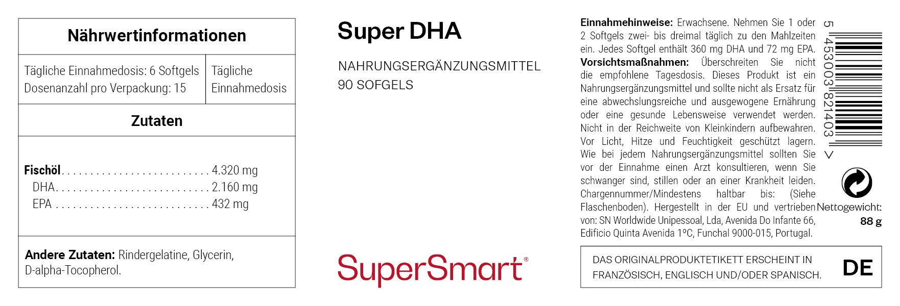 Etikett mit Produktinformationen. Enthält Super DHA, 90 Softgels. Marke SuperSmart. Nährwertangaben und Zutaten.