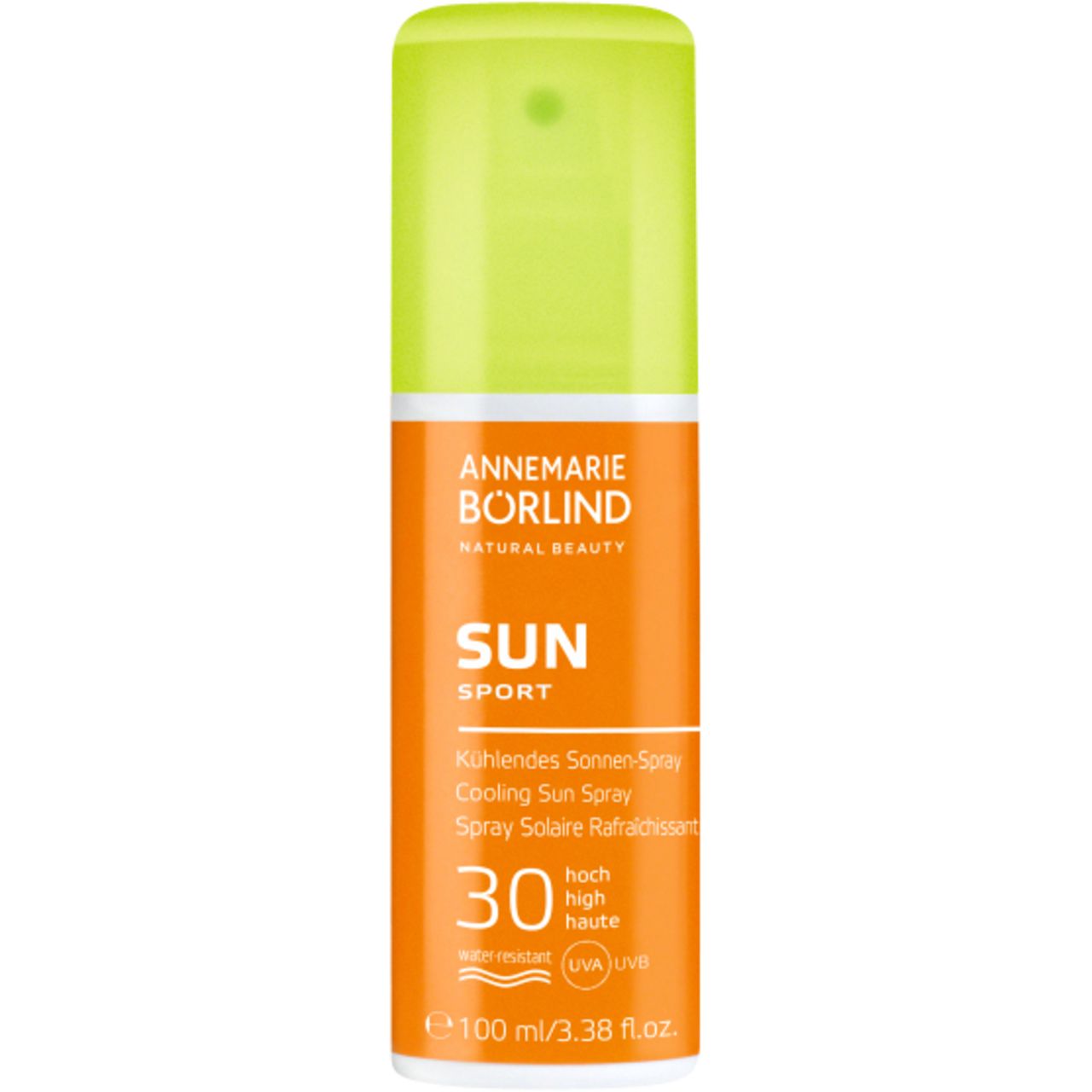Sonnenspray mit grünem Deckel. Orangefarbene Flasche mit weißer Schrift. Marke: ANNEMARIE BÖRLIND. Sonnenschutzfaktor 30.