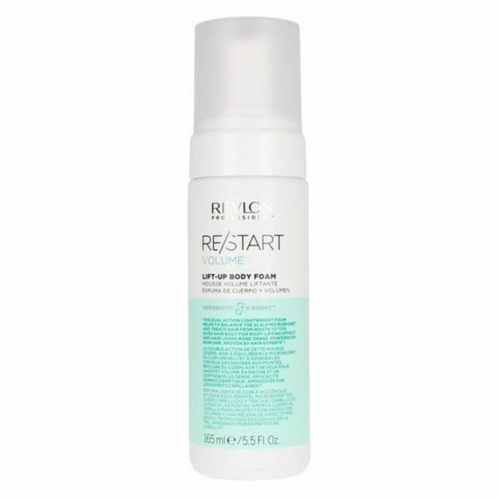 Weißes Produkt mit Sprühkopf. Aufschrift: RE/START VOLUME LIFT-UP BODY FOAM. Text in Englisch, Spanisch und Französisch. 165ml/5.5 Fl.Oz.