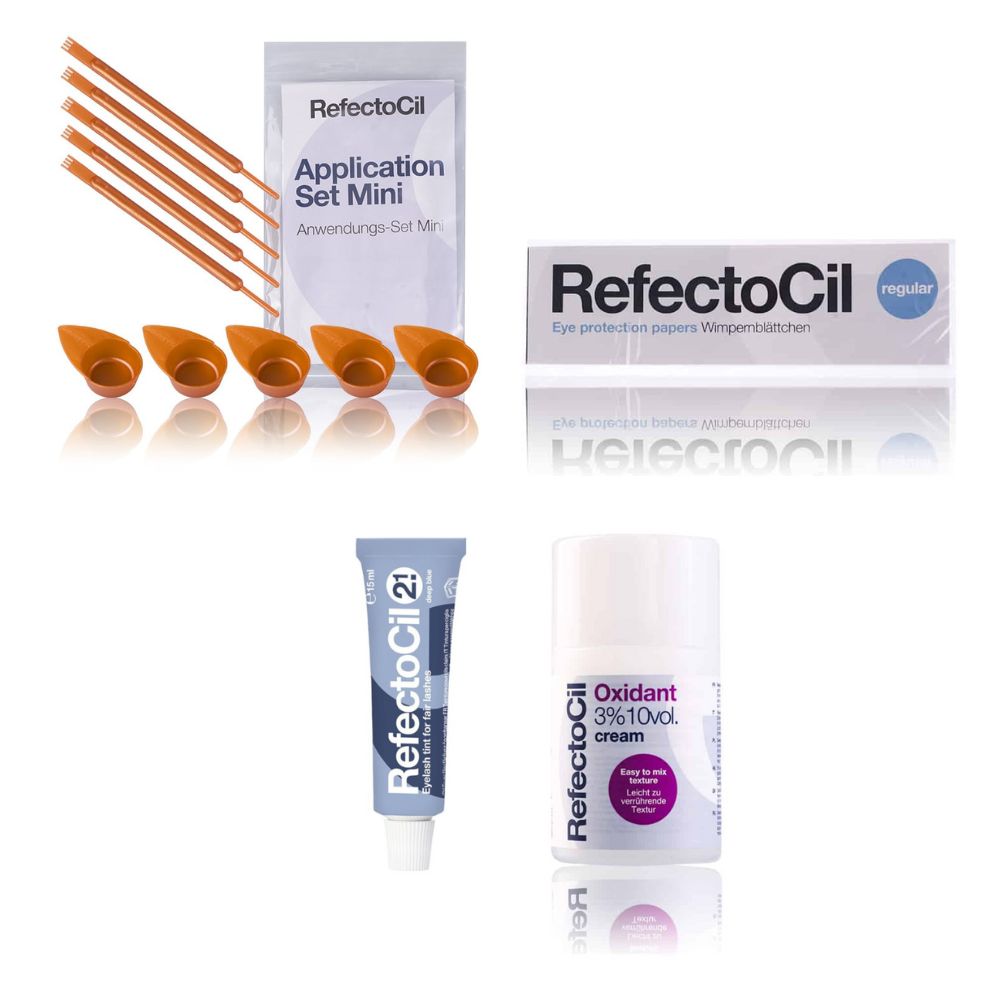 Refectocil Wimpernfarbe tiefblau 2.1 & Oxidant Creme 3% Wimpernblättchen Mini-Anwendungs Set 15 ml