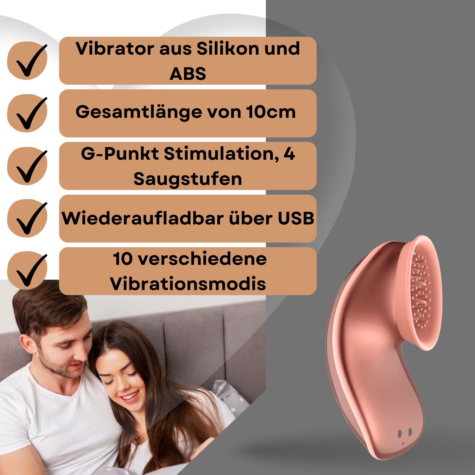 Produkt mit Text: Vibrator aus Silikon und ABS, Gesamtlänge von 10cm, G-Punkt Stimulation, 4 Saugstufen, wiederaufladbar über USB, 10 Vibrationsmodi.