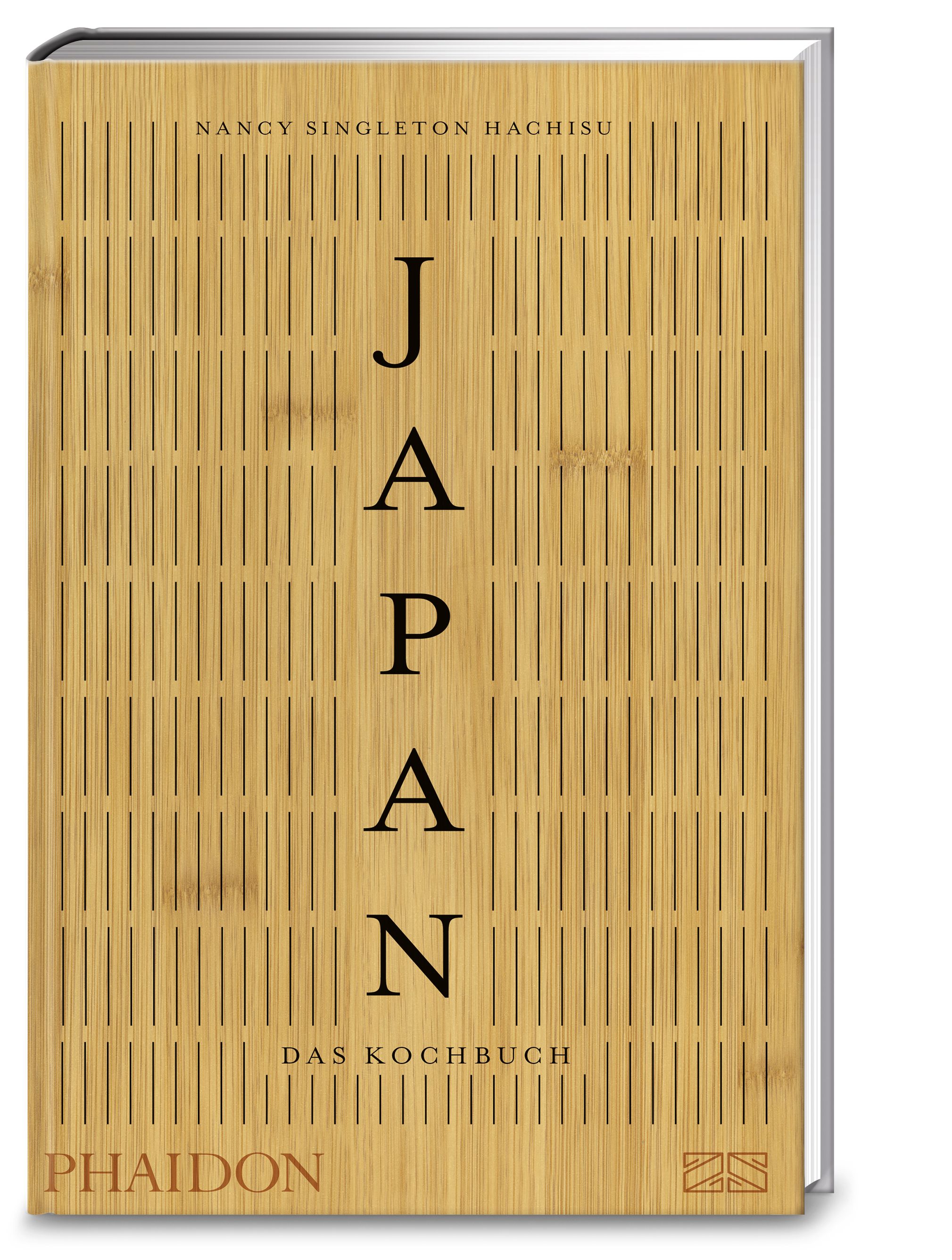 Buch "Japan – das Kochbuch" mit Bambus-Optik. Titel in Schwarz. Autor: Nancy Singleton Hachisu. Verlag: Phaidon.