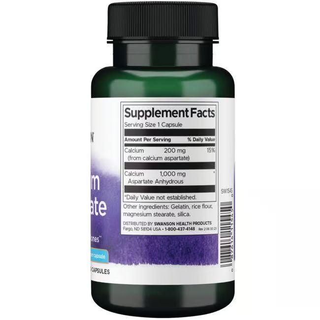 Grüne Flasche mit schwarzem Deckel. Rückseite mit Nährwertangaben: 200 mg Calcium, 1000 mg Aspartat.