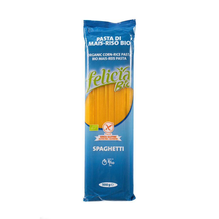 Blaue Verpackung mit Spaghetti. Aufschrift: Felicia Bio, Spaghetti glutenfrei. Bio-Siegel und Logo.