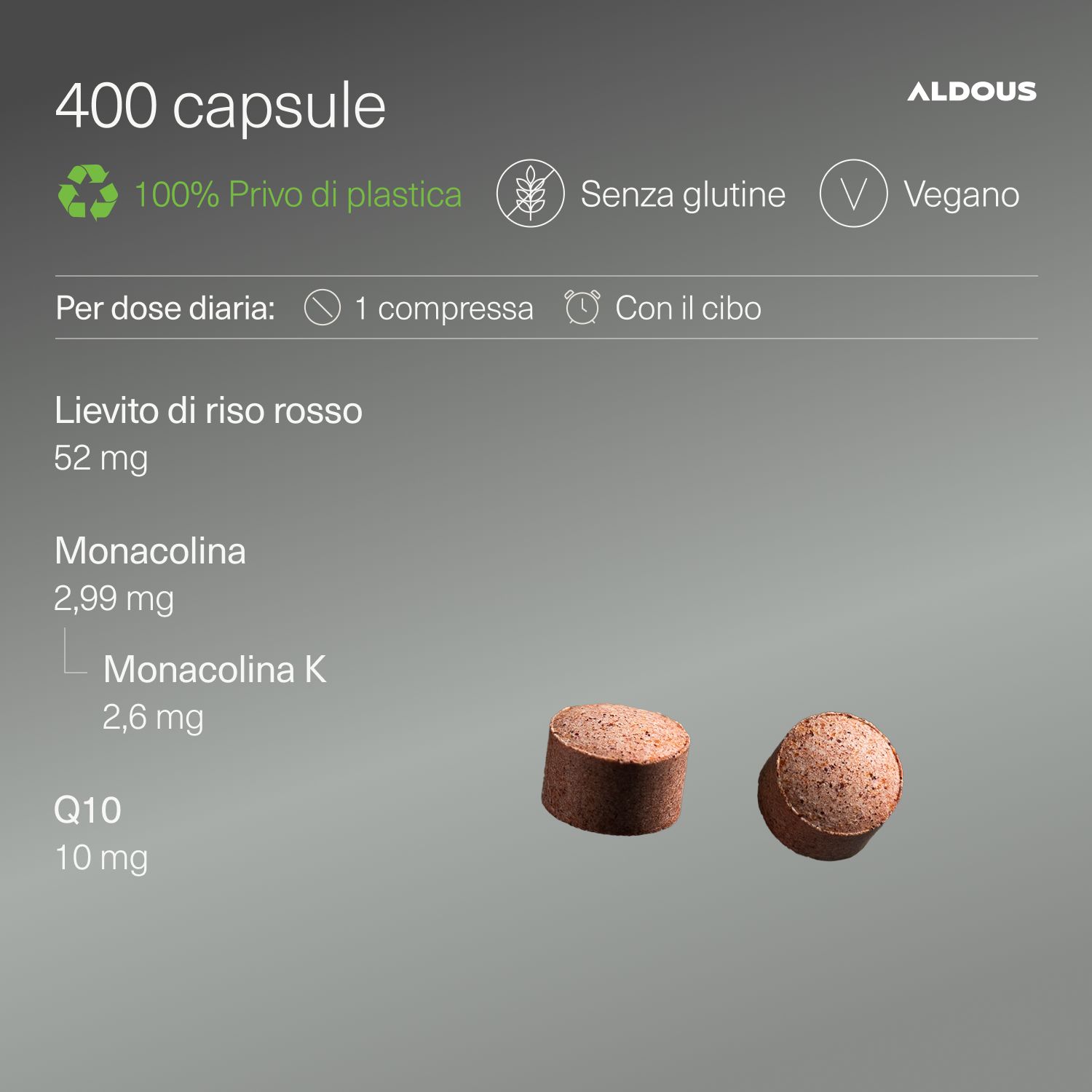 Aldous Riso Rosso Fermentato: 400 Kapseln, 52mg Hefe, 2,99mg Monacolin, 10mg Q10.