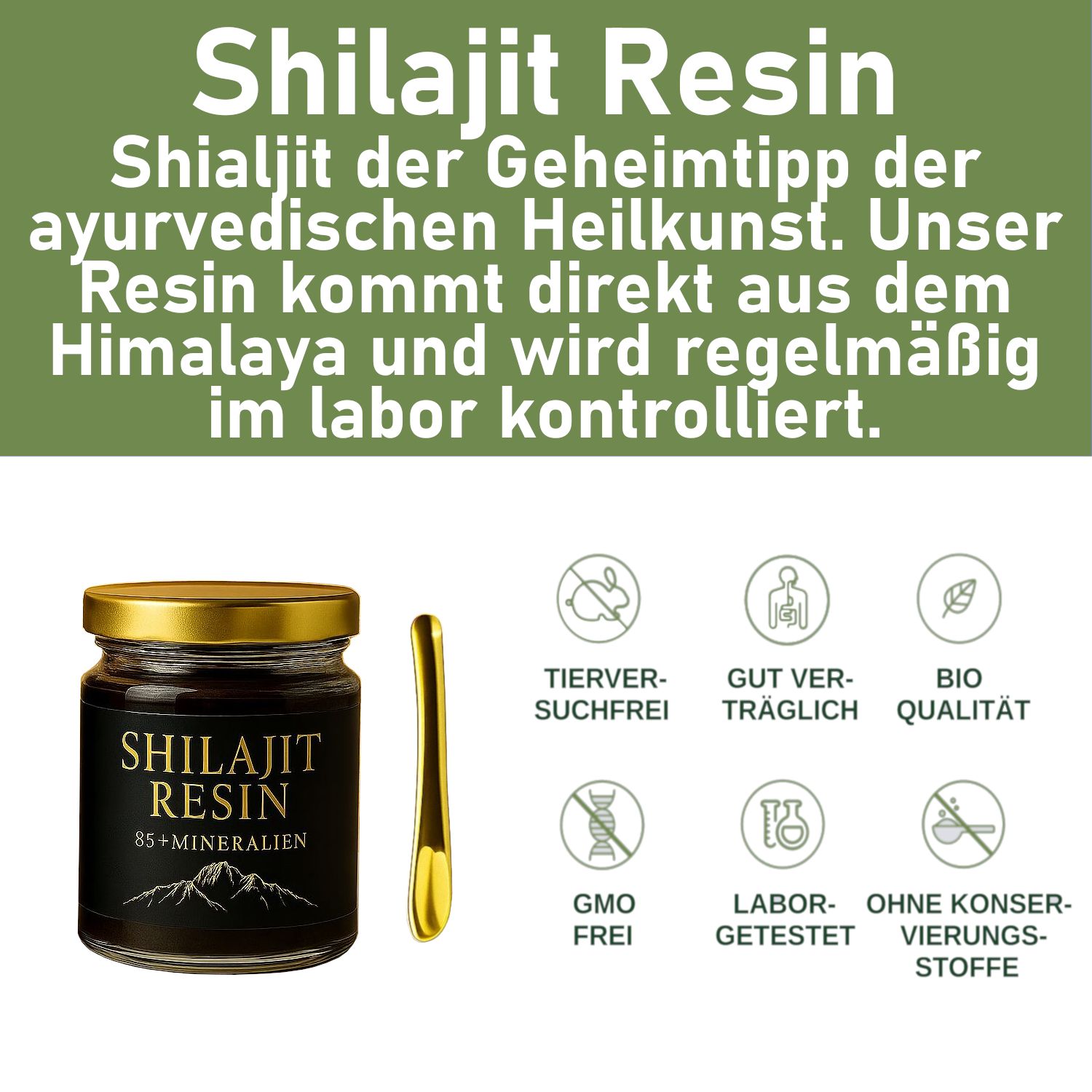 Glas mit goldenem Deckel, Löffel und Text. Grüner Hintergrund. Logos und Text über Qualität.