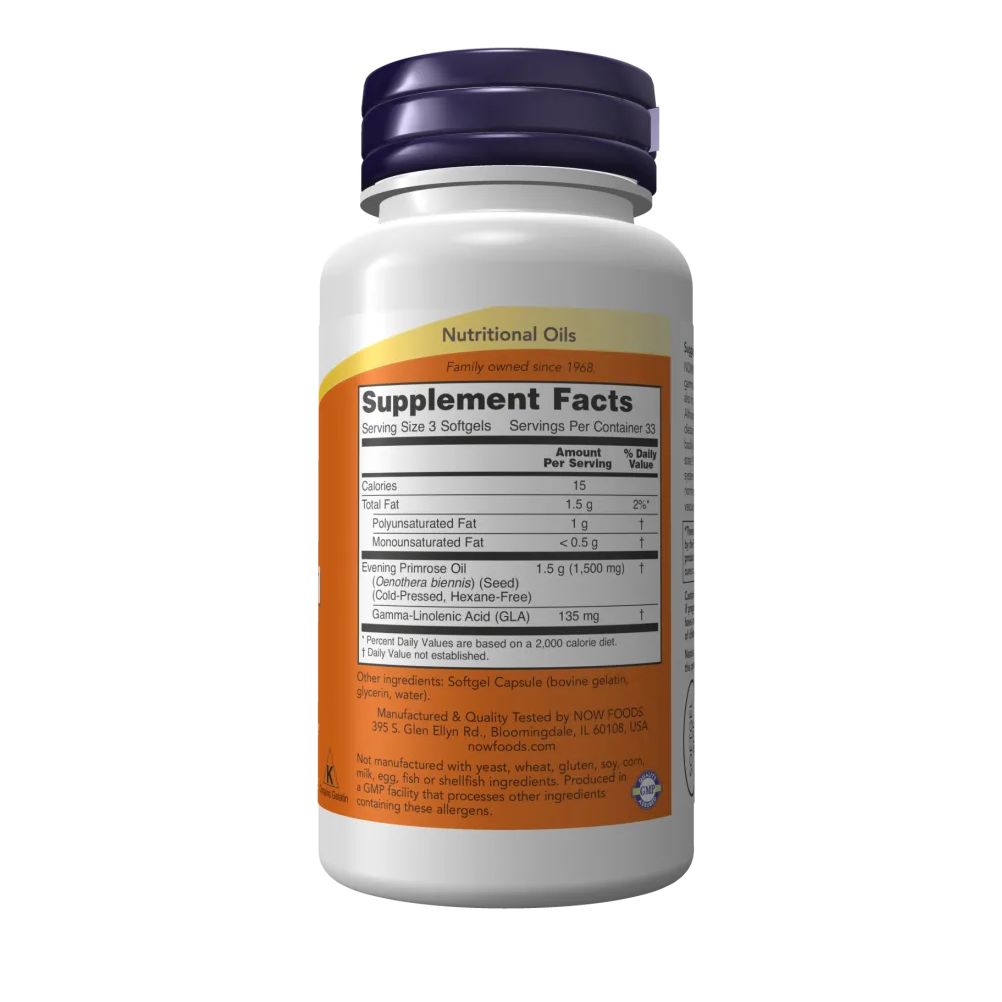 Rückseite der Flasche. Etikett mit Nährwertangaben. Enthält Informationen zu Fetten und Evening Primrose Oil. Marke: NOW FOODS.