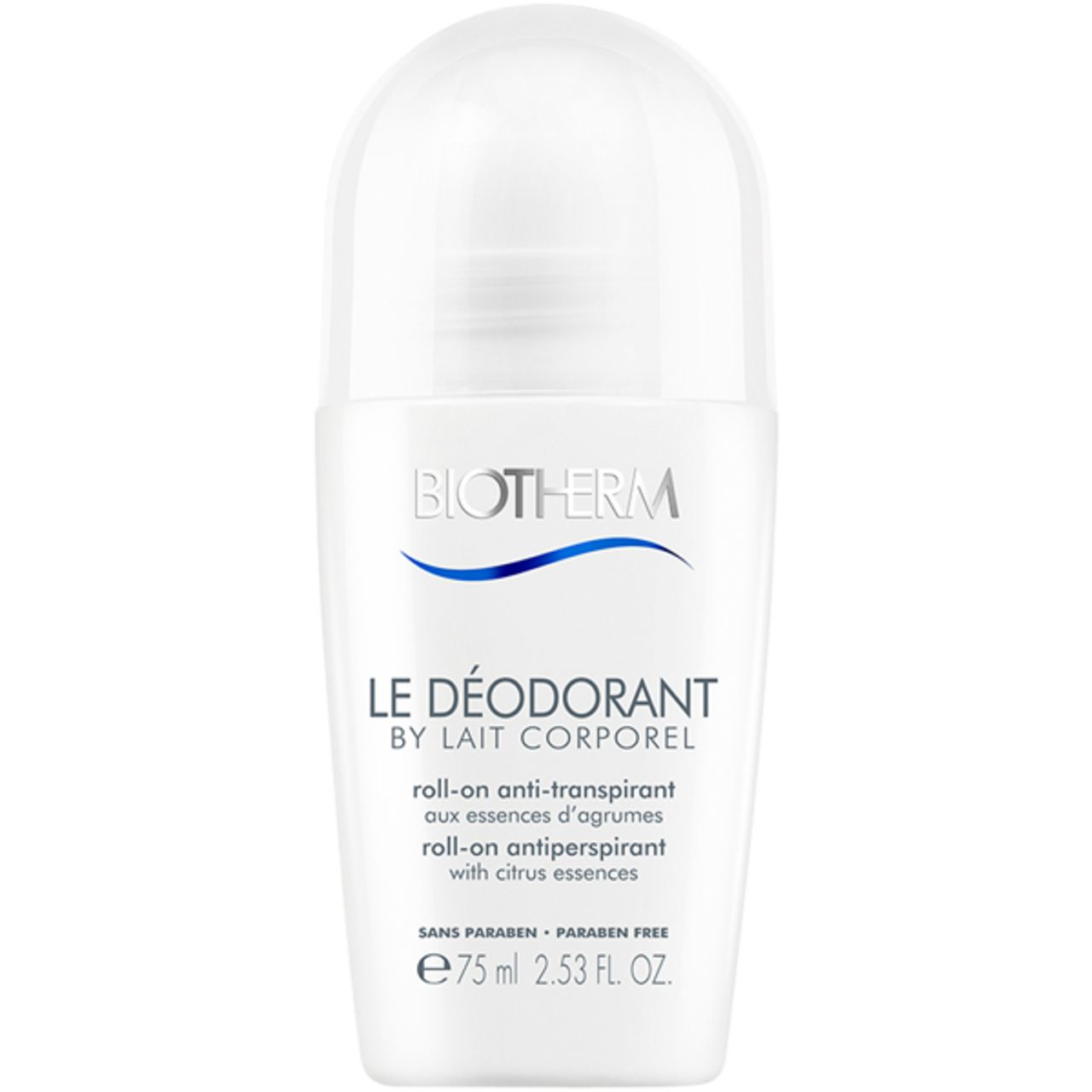 Weißer Roll-On-Deo von BIOTHERM. Produktname und Text in Blau. Volumen: 75 ml.