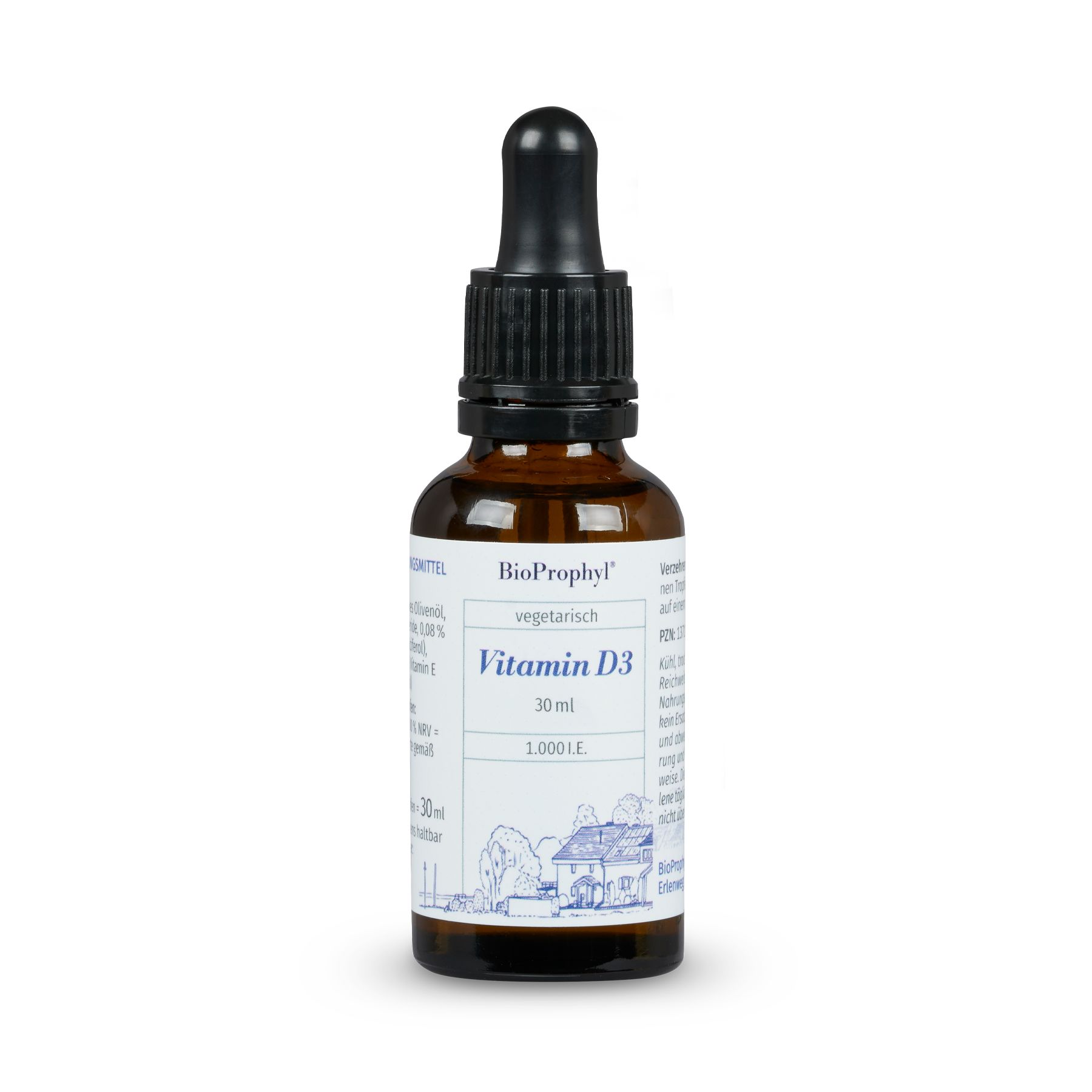Braune Glasflasche mit schwarzem Deckel und Pipette. Beschriftung: BioProphyl, Vitamin D3, 30 ml, 1.000 I.E. Vegetarisch.