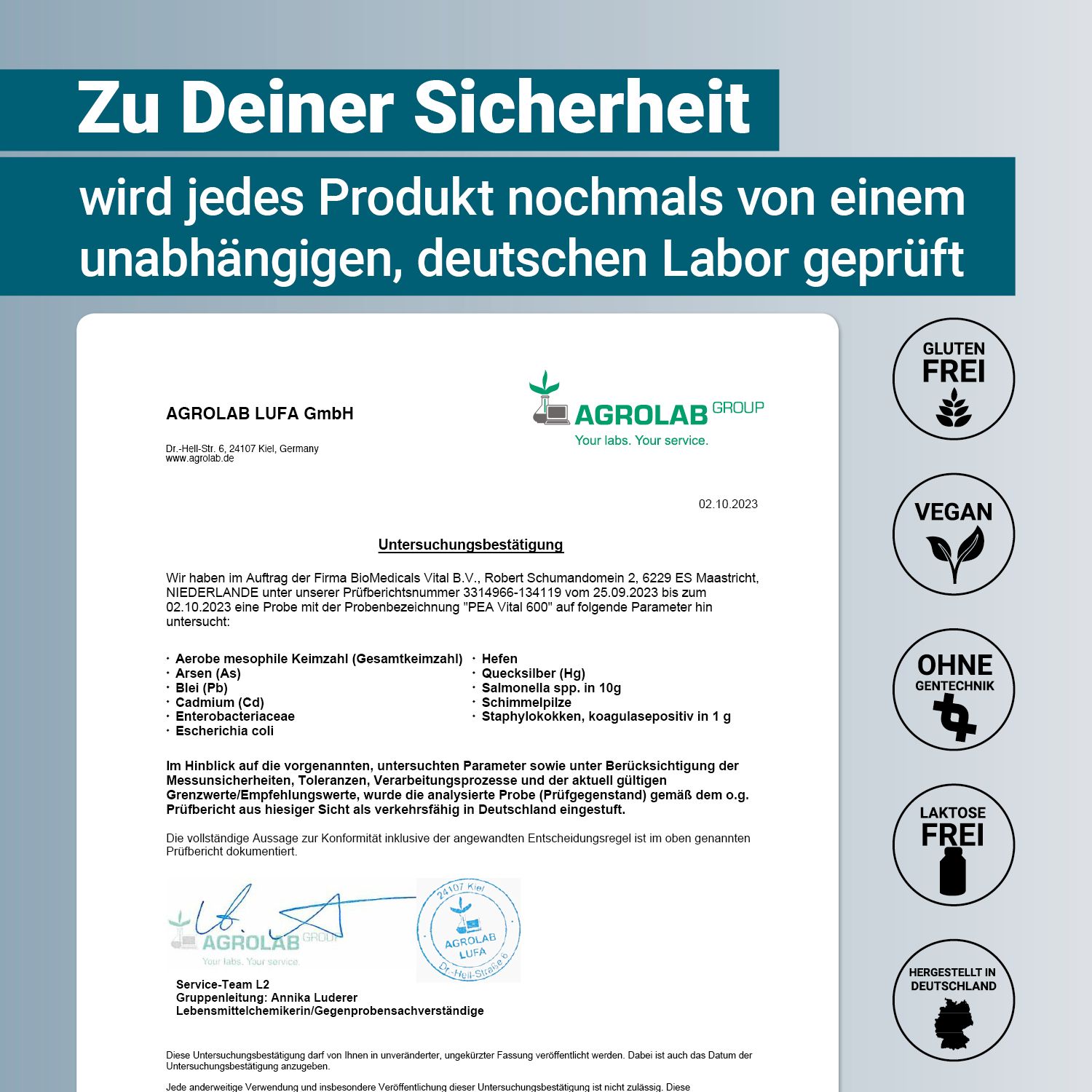Dokument mit Testergebnissen. Text: Zu Deiner Sicherheit wird jedes Produkt nochmals von einem unabhängigen, deutschen Labor geprüft. 