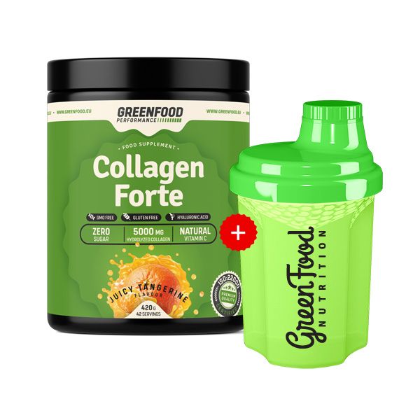 Grüne Dose und Shaker. Dose mit "Collagen Forte"-Aufdruck, "GreenFood"-Logo. Shaker mit "GreenFood Nutrition"-Logo. Beide grün.