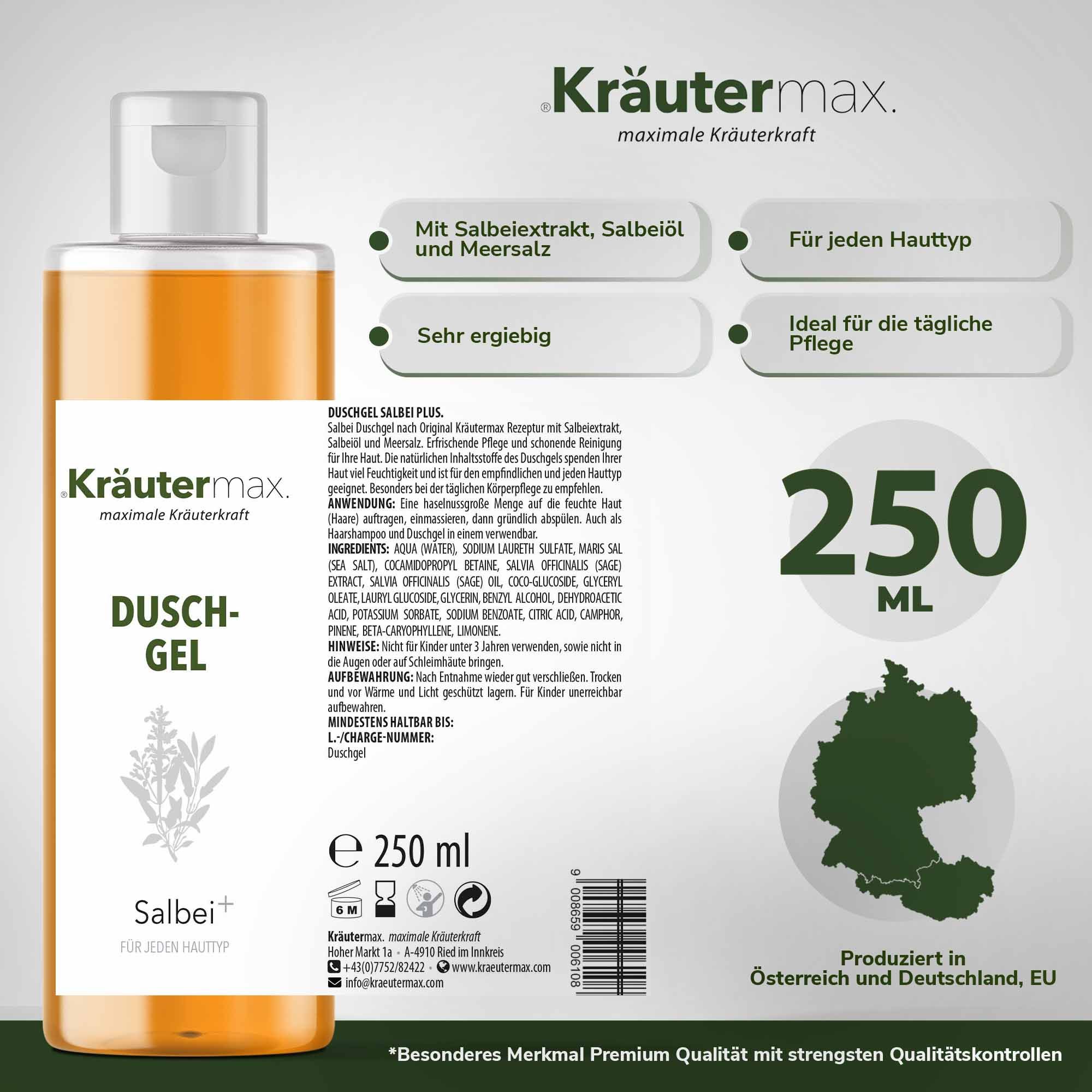 Kräutermax Duschgel Salbei plus, 250 ml. Orangefarbene Flüssigkeit in einer transparenten Flasche. Text: Mit Salbeiextrakt, Salbeiöl und Meersalz. Ideal für die tägliche Pflege.