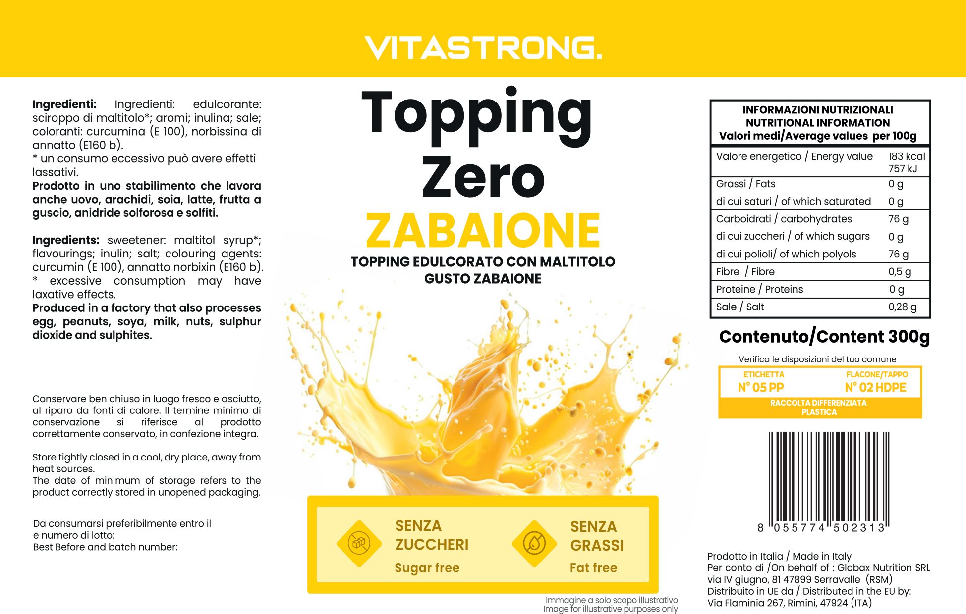 Etikett von Vitastrong Topping Zero Zabaione. Text: zuckerfrei, fettfrei. Nährwertangaben. Zutatenliste. Mindesthaltbarkeitsdatum.