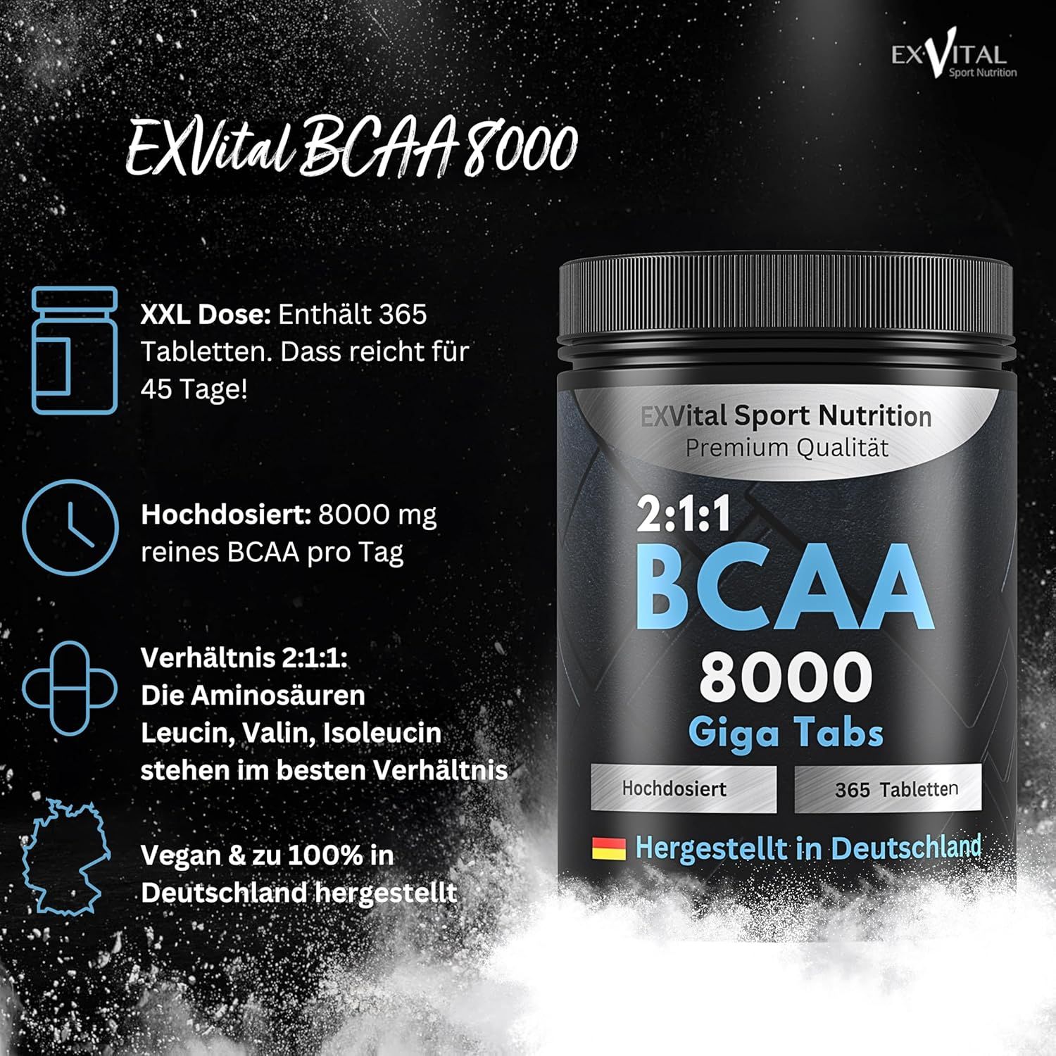 Produktverpackung mit Text. "EXVital BCAA 8000 Giga Tabs". 365 Tabletten. "Hergestellt in Deutschland".