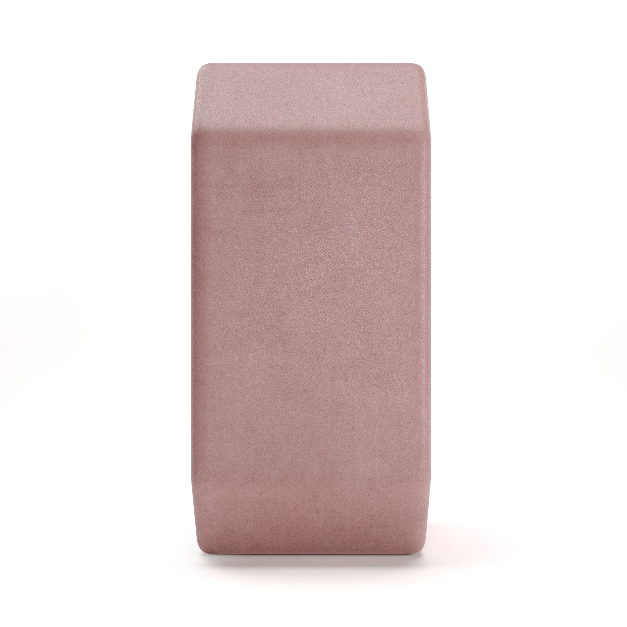 Rosa Yoga-Block, rechteckig mit abgerundeten Kanten. Vertikale Ansicht, glatte Oberfläche.