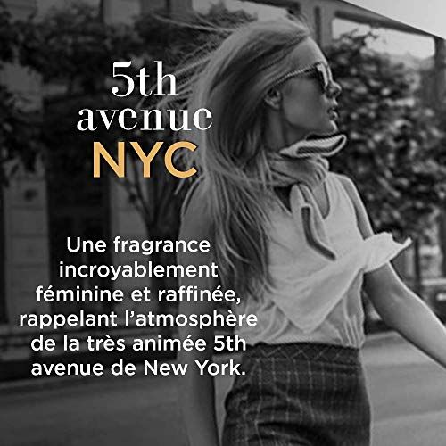 Werbebild mit einer Frau. Text: 5th Avenue NYC. Ein unglaublich femininer und raffinierter Duft, der an die Atmosphäre der 5th Avenue erinnert.