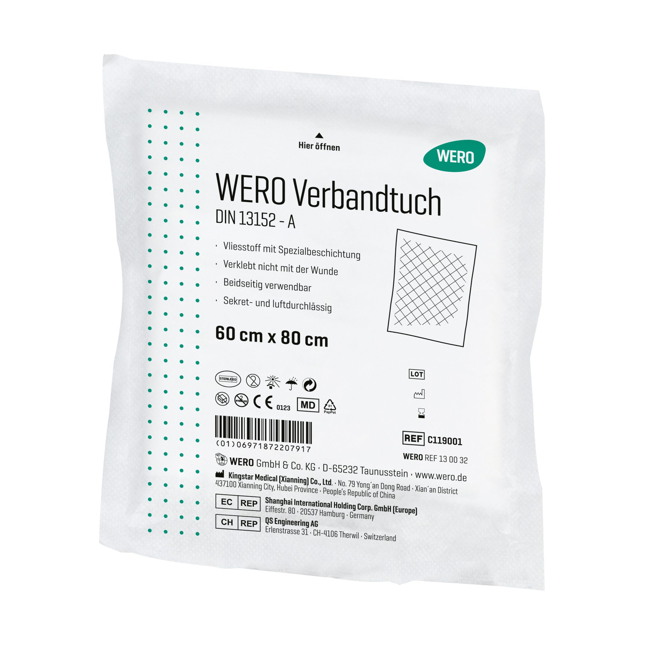 Verbandtuch in Folienverpackung. Aufdruck: WERO Verbandtuch DIN 13152-A, 60 x 80 cm. Mit Zertifizierungen und Piktogrammen.