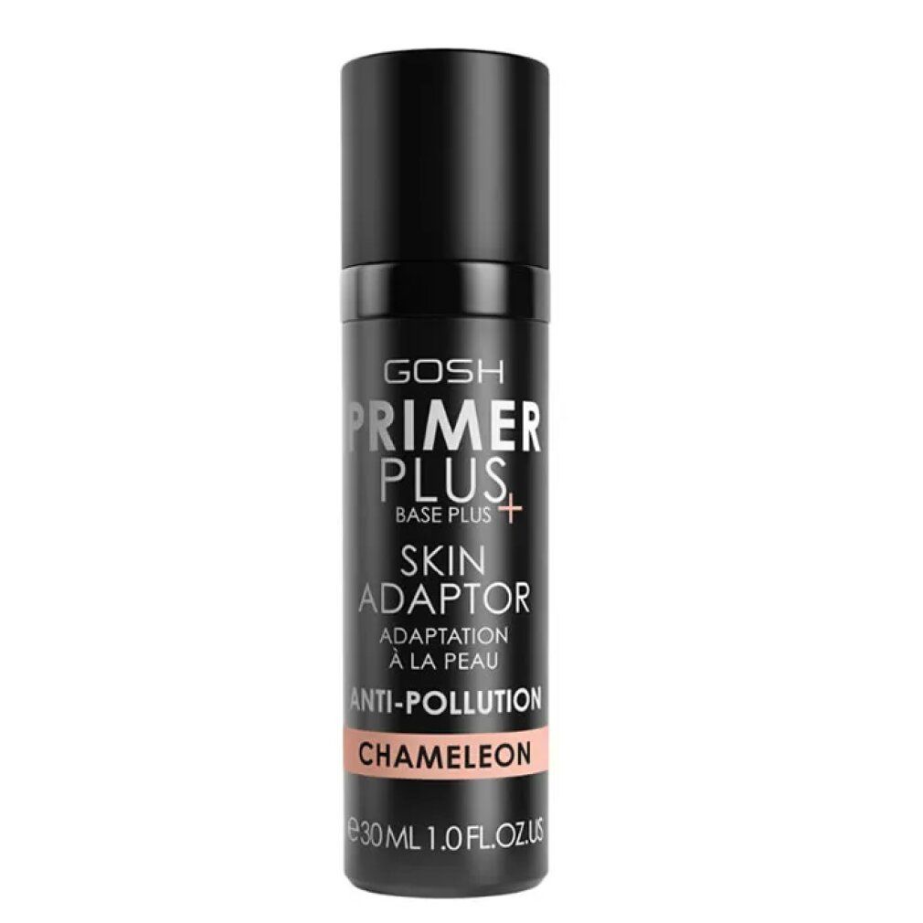 Schwarze Flasche mit Aufschrift PRIMER PLUS+, SKIN ADAPTOR, ANTI-POLLUTION, CHAMÄLEON. 30 ml.