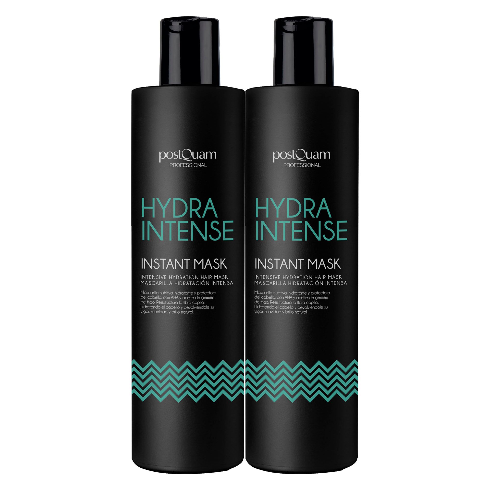 Zwei schwarze Flaschen. Aufschrift: Hydra Intense Instant Mask. Grüne Wellenmuster.
