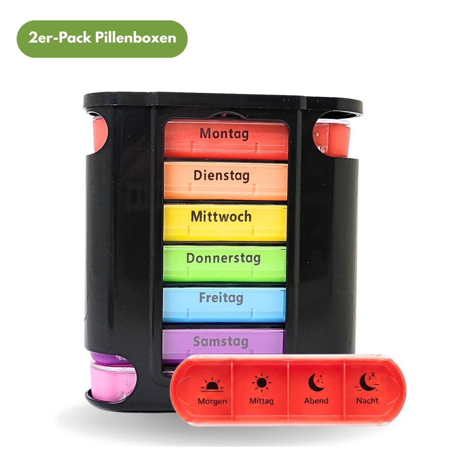 Schwarze Tablettenbox mit 7 farbigen Fächern für Wochentage. Eine rote Box mit Tageszeiten liegt daneben.