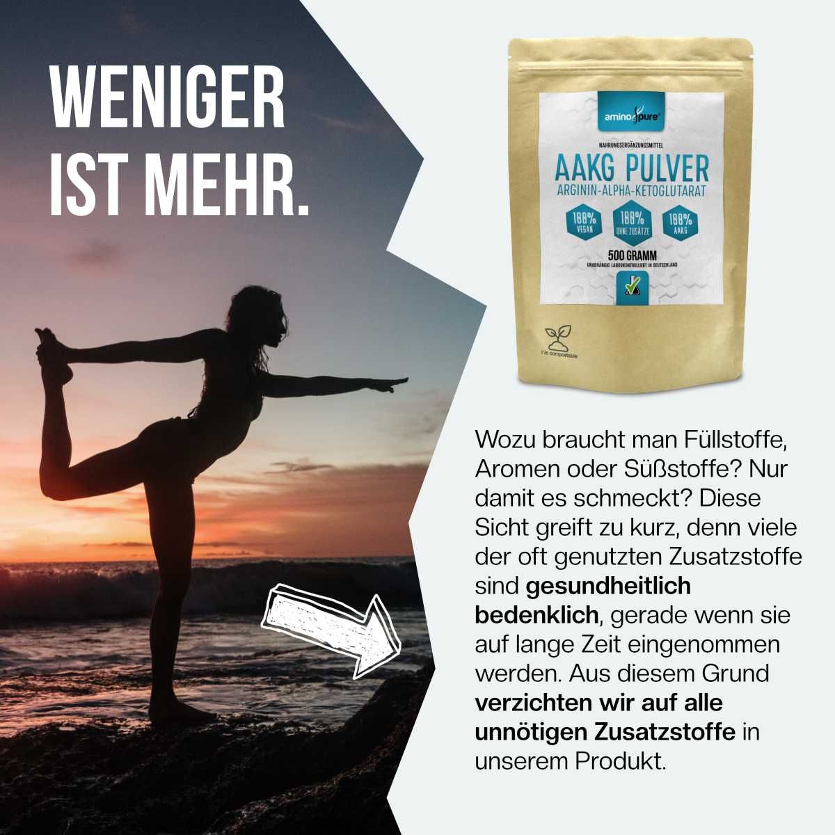 Frau in Yoga-Pose am Strand, Beutel mit AAKG Pulver, 500 Gramm.