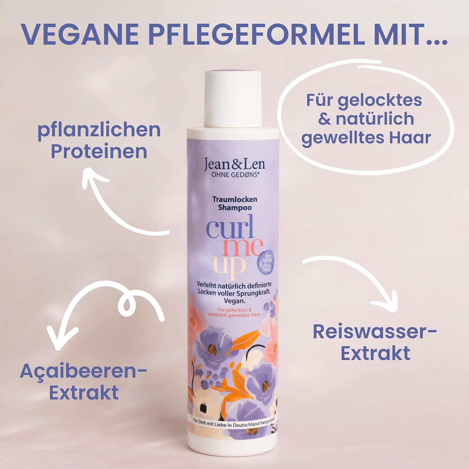 Produktflasche mit Pfeilen auf Inhaltsstoffe: pflanzliche Proteine, Açaibeeren-Extrakt, Reiswasser-Extrakt. Text: Vegane Pflegeformel.