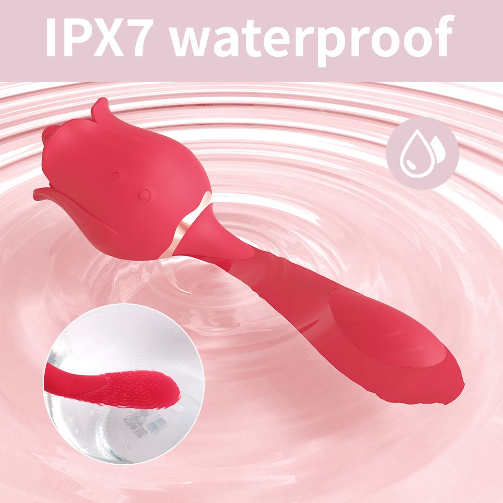 Roter Vibrator in Rosenform. Mit einem Stiel und einem blütenförmigen Kopf. Wasserdicht IPX7.