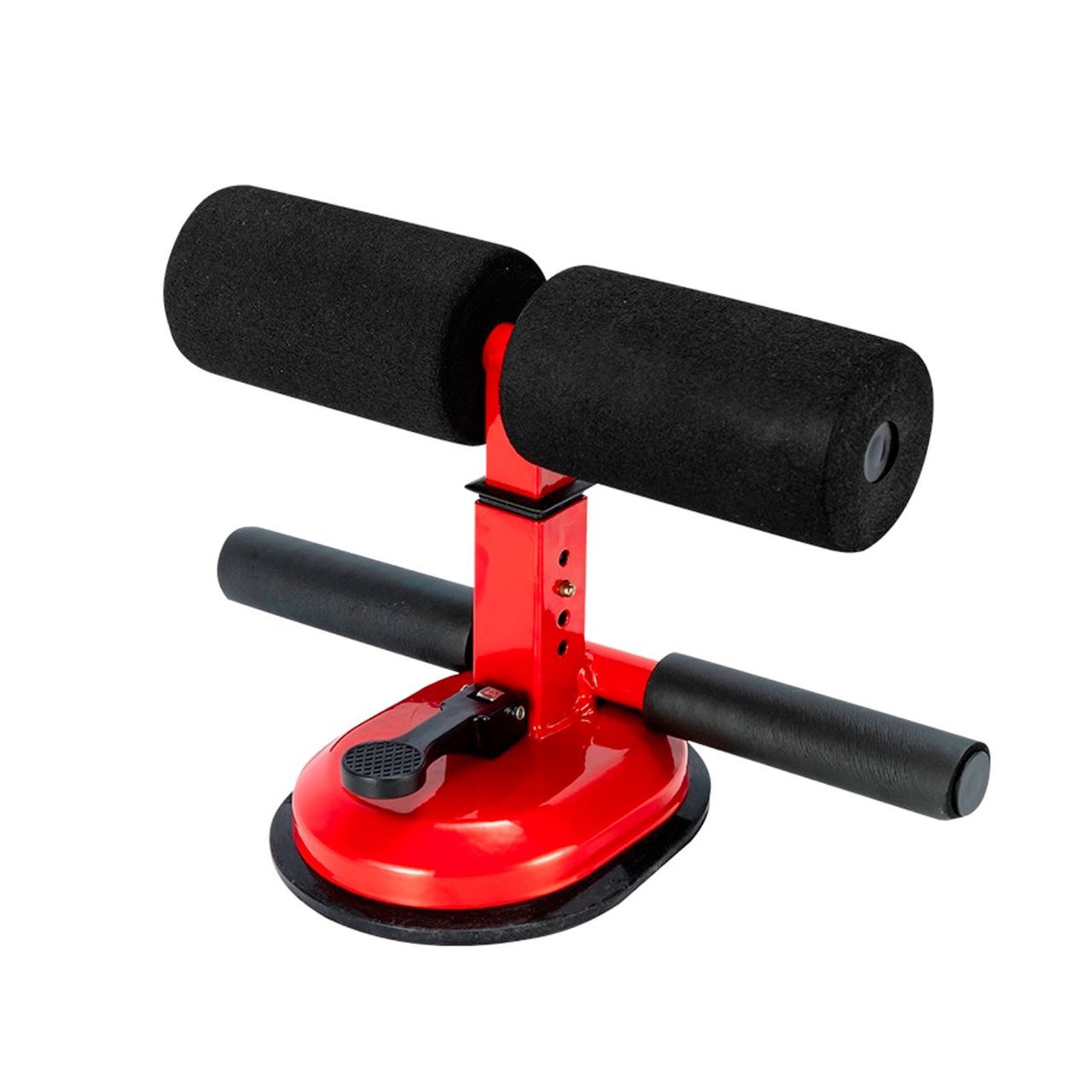 Rote Fitness-Sit-up-Bar mit schwarzen Schaumstoffrollen und Griffen. Mit Saugnapf-Basis zur Befestigung auf Oberflächen.