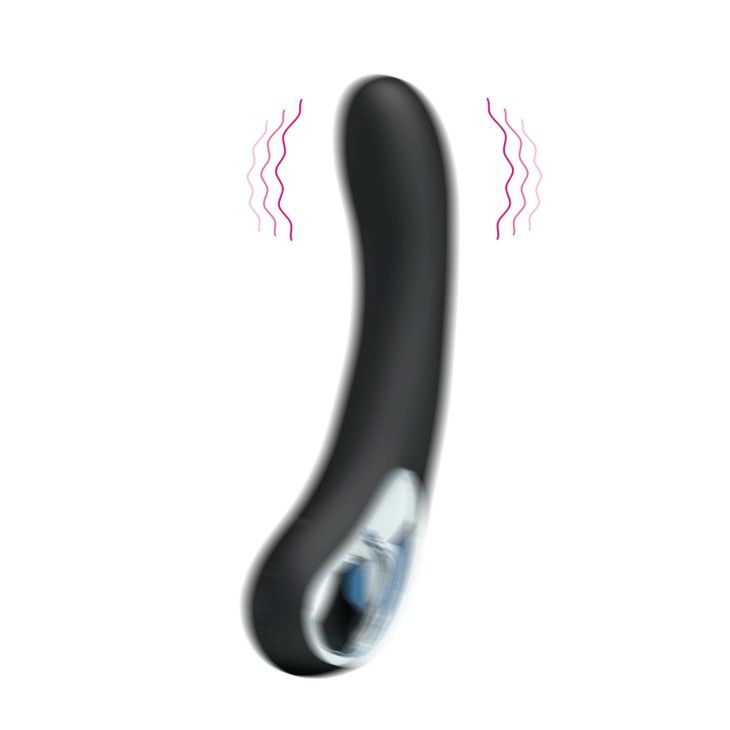 Schwarzer, gebogener Vibrator mit wellenförmigen Linien. Mit silberfarbenem Detail und Bedienknöpfen. Auf weißem Hintergrund.