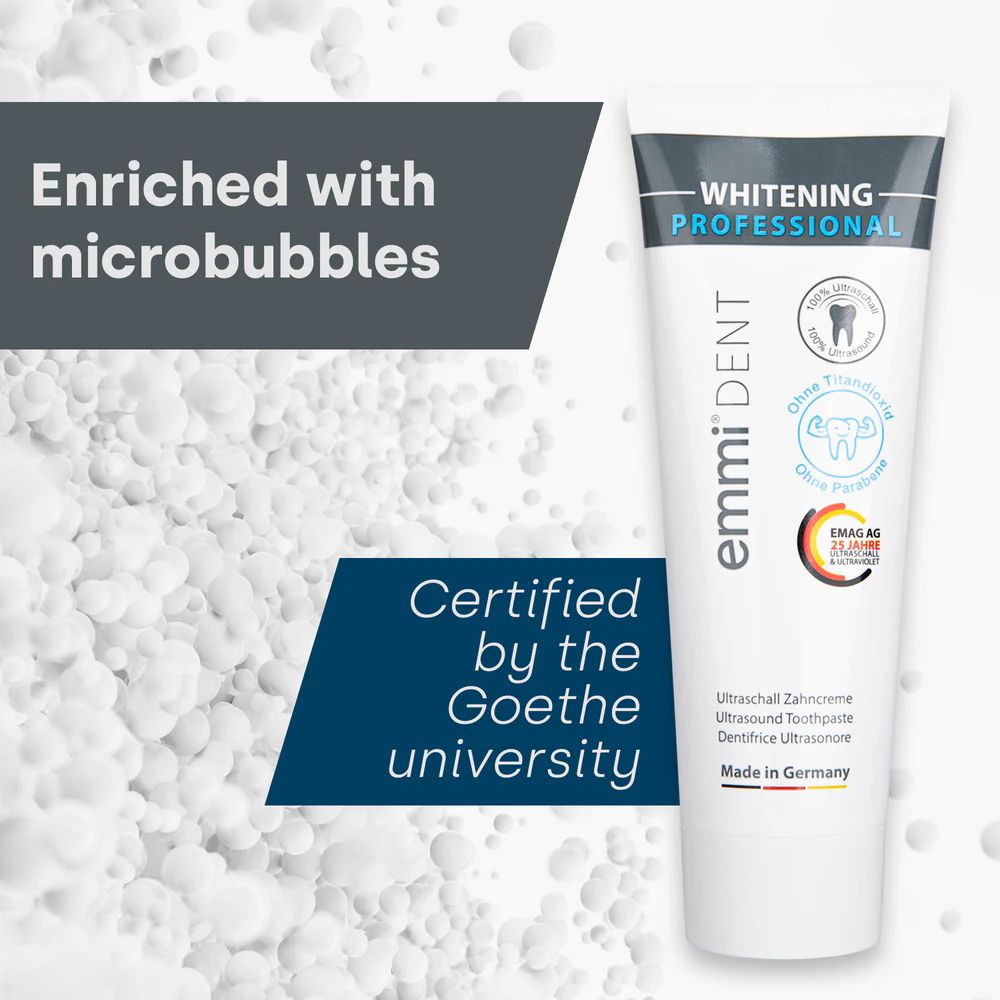Zahncreme-Tube emmi-dent, Whitening Professional. Zertifiziert durch die Goethe-Universität. Enthält Mikrobläschen. Hergestellt in Deutschland.
