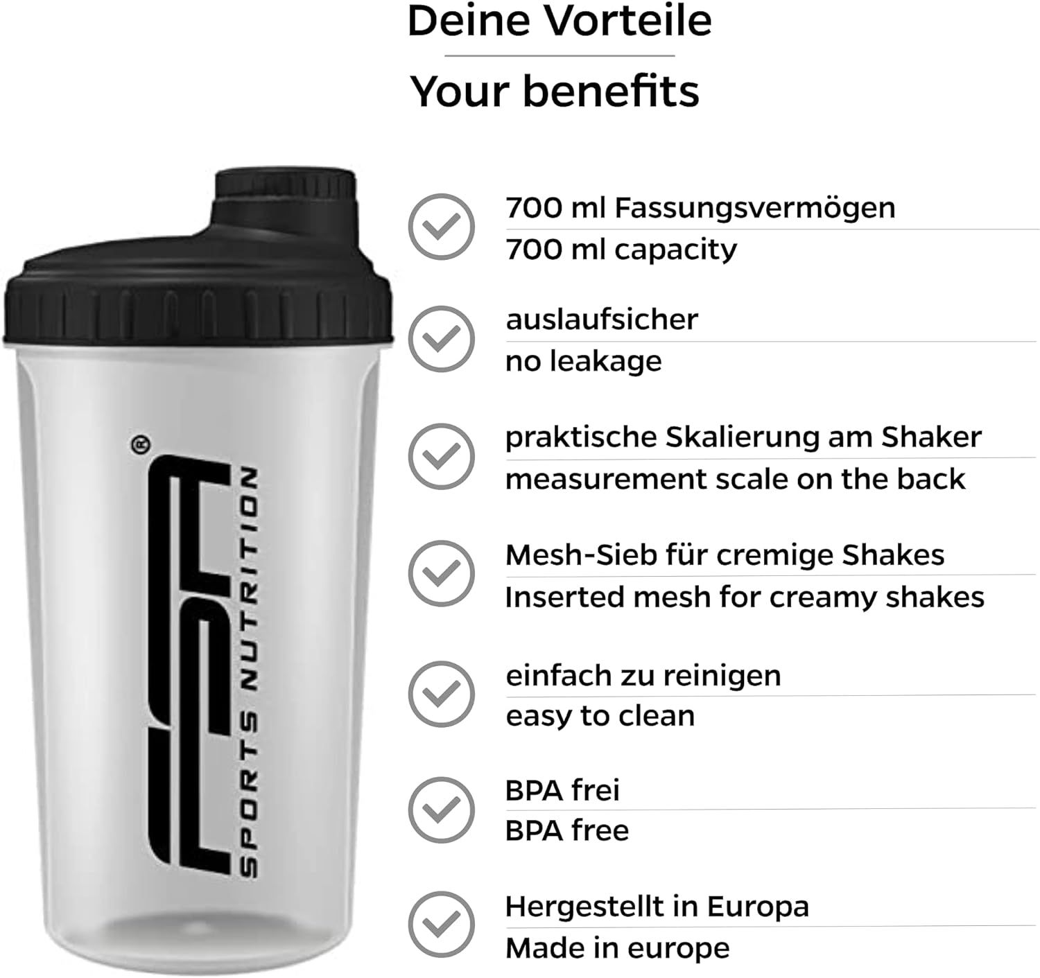 Transparenter Shaker mit schwarzem Deckel. Logo FSA SPORTS NUTRITION. Text: Vorteile, 700ml, auslaufsicher, Skalierung, Mesh-Sieb, BPA frei.