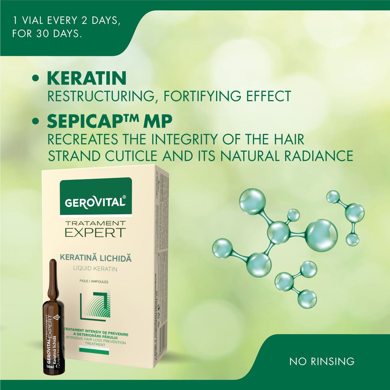 Gerovital Expert Keratin-Packung und Ampulle. Aufschrift: Keratină Lichidă, Liquid Keratin. Text über Wirkung und Inhaltsstoffe.