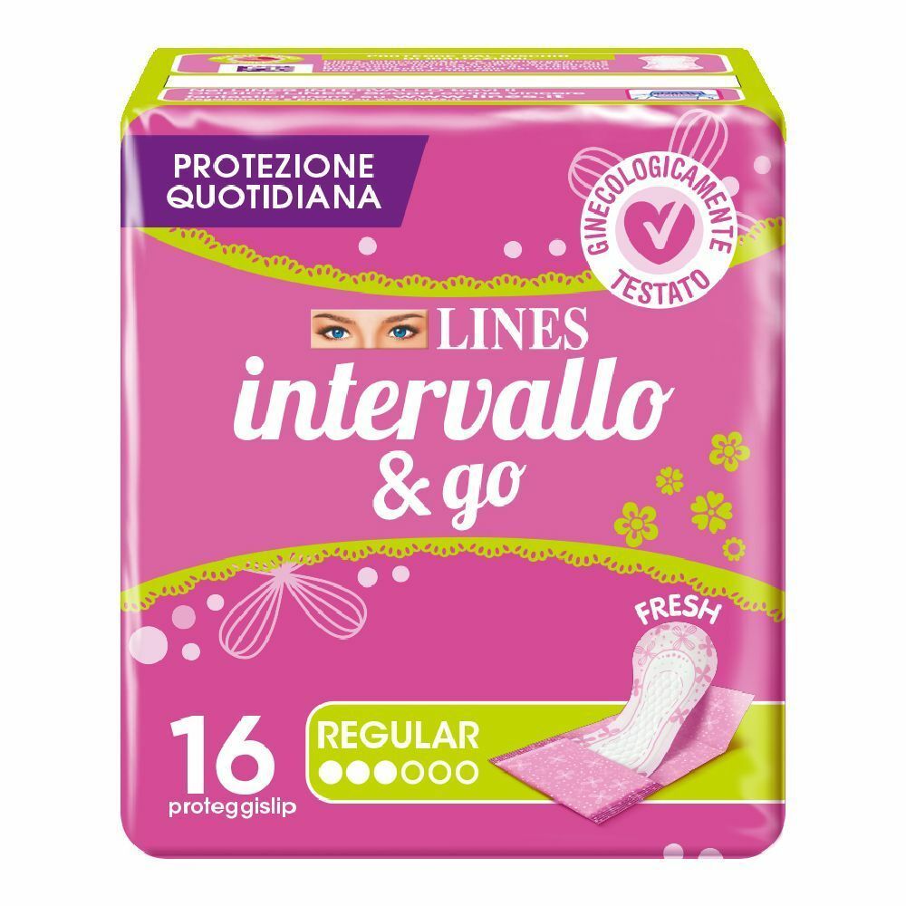 Vorderseite einer Packung mit 16 Lines Intervallo & Go Fresh Einlagen, Regular, mit täglichem Schutz.