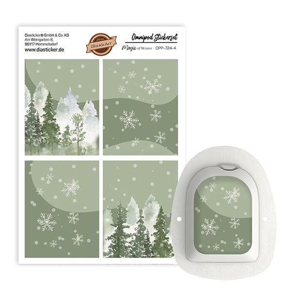 Omnipod Stickerset "Magic of Winter". Aufkleber mit Winterlandschaft und Schneeflocken. Weißes Omnipod-Gerät.