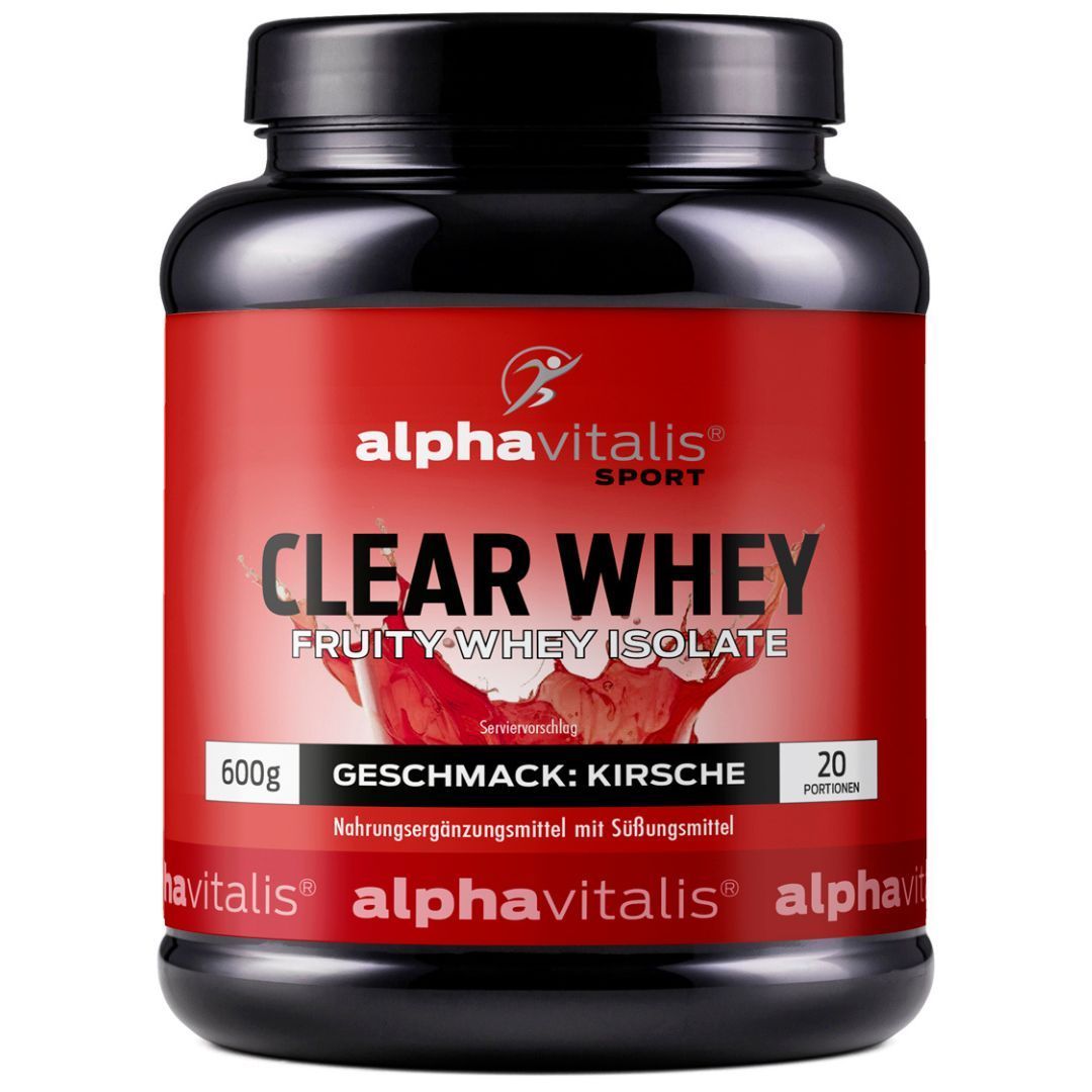 Runde, schwarze Dose mit rotem Etikett. Text: Alphavitalis Sport, Clear Whey, Fruity Whey Isolate, Geschmack: Kirsche.