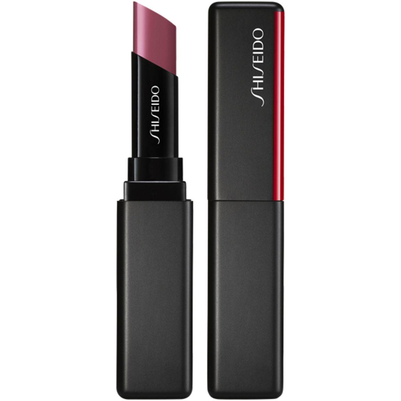 Lippenstift, geöffnet und geschlossen. Schwarze Hülle, roter Akzent, Shiseido-Logo. Rosa Lippenstiftfarbe.
