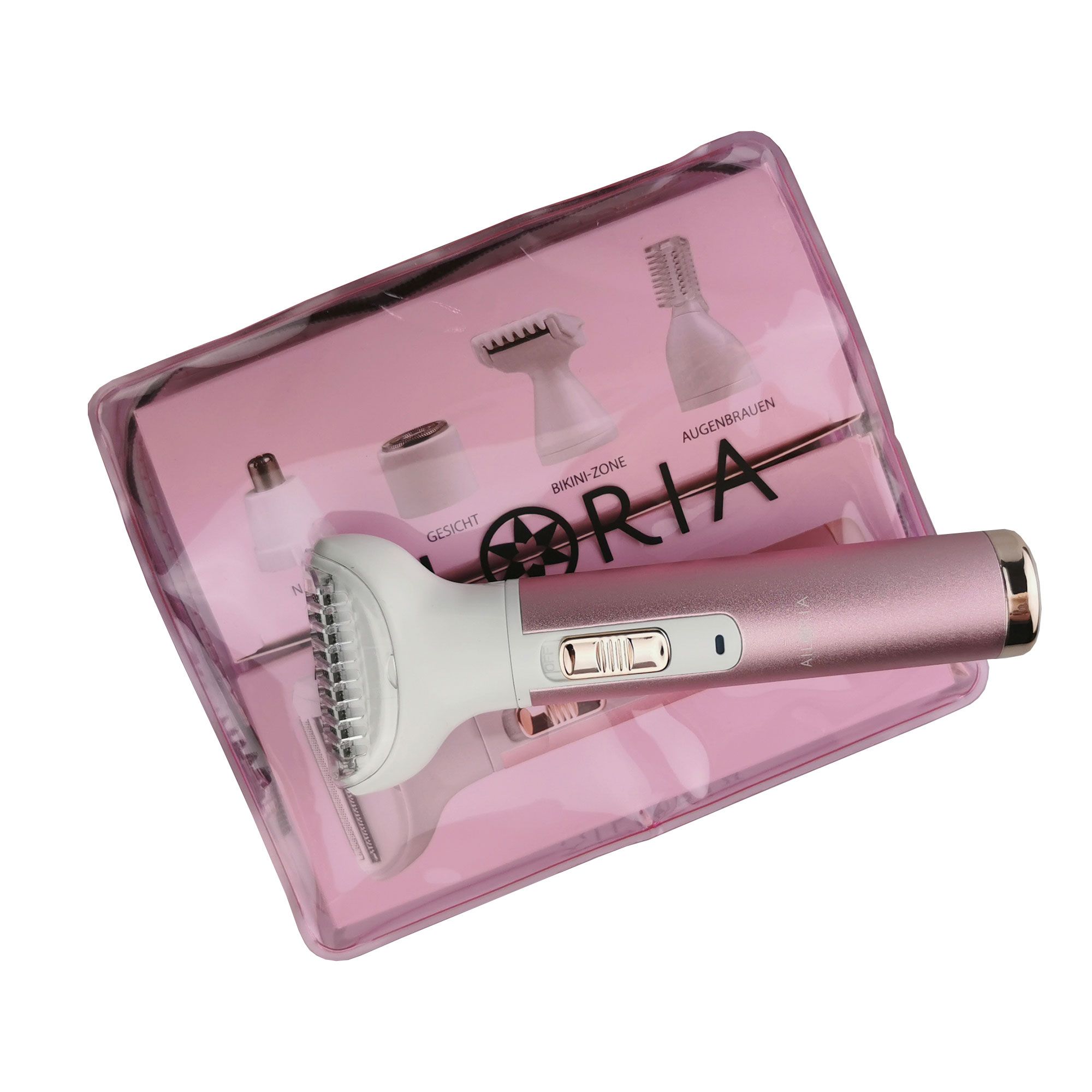 Rasierer in transparenter Tasche. Rosa Hintergrund. AILORIA-Logo. Aufsätze abgebildet. Rasierer mit Aufsatz. Rosa Griff.